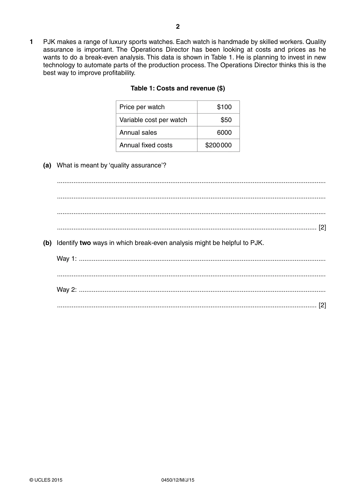 Cambridge IGCSE Business Studies 0450 2015 May/June Paper 1 · Variant 2 question paper, page 2 of 12