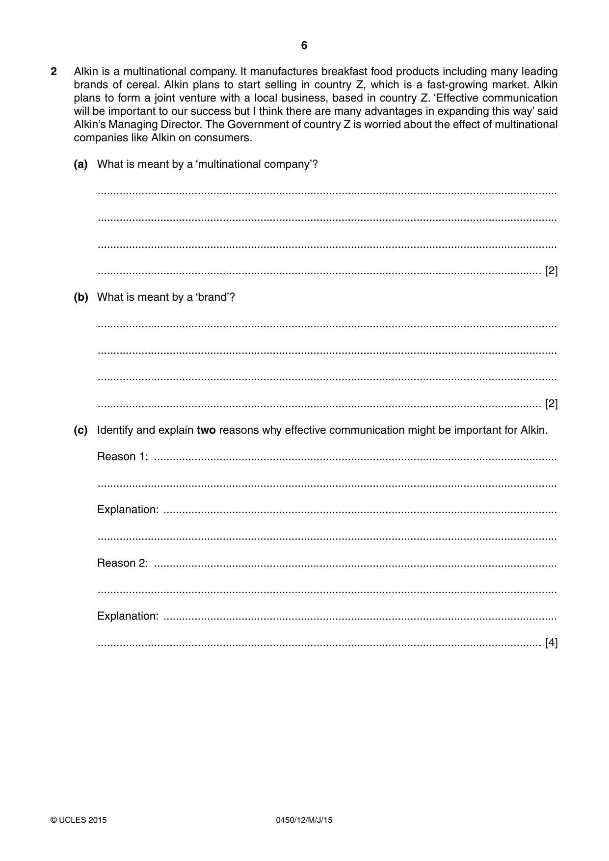Cambridge IGCSE Business Studies 0450 2015 May/June Paper 1 · Variant 2 question paper, page 6 of 12