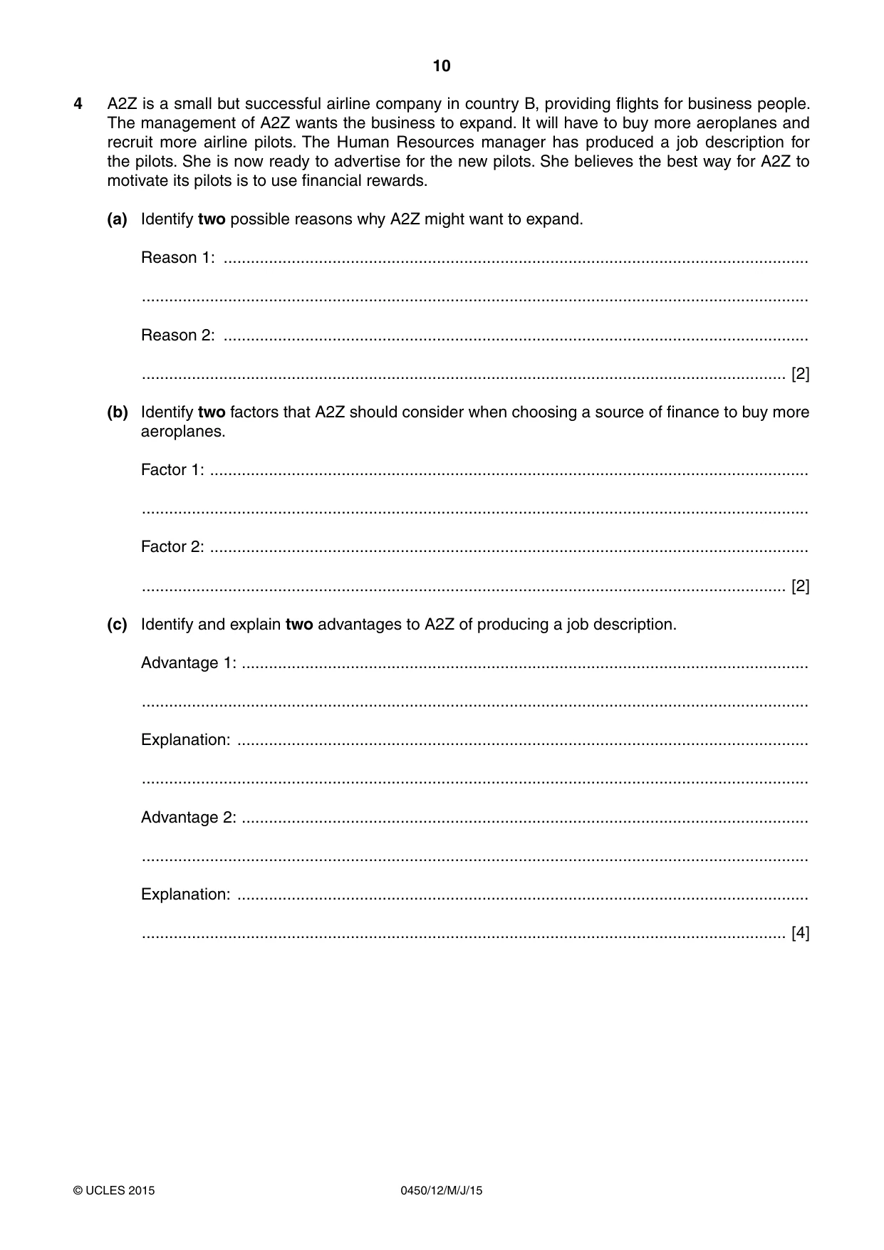Cambridge IGCSE Business Studies 0450 2015 May/June Paper 1 · Variant 2 question paper, page 10 of 12