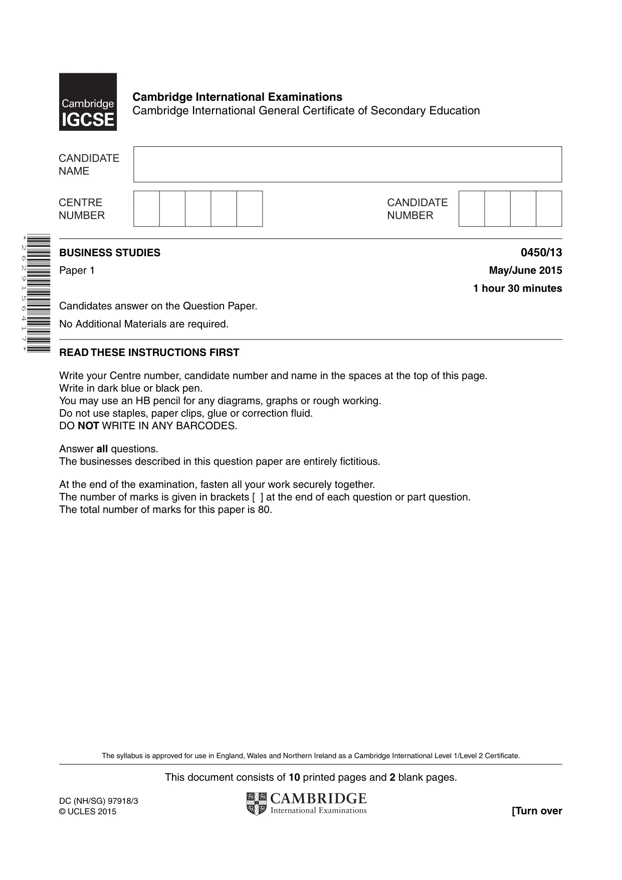 Cambridge IGCSE Business Studies 0450 2015 May/June Paper 1 · Variant 3 question paper, page 1 of 12