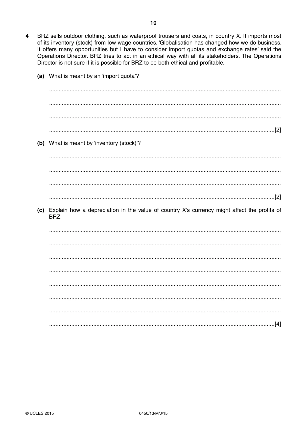 Cambridge IGCSE Business Studies 0450 2015 May/June Paper 1 · Variant 3 question paper, page 10 of 12