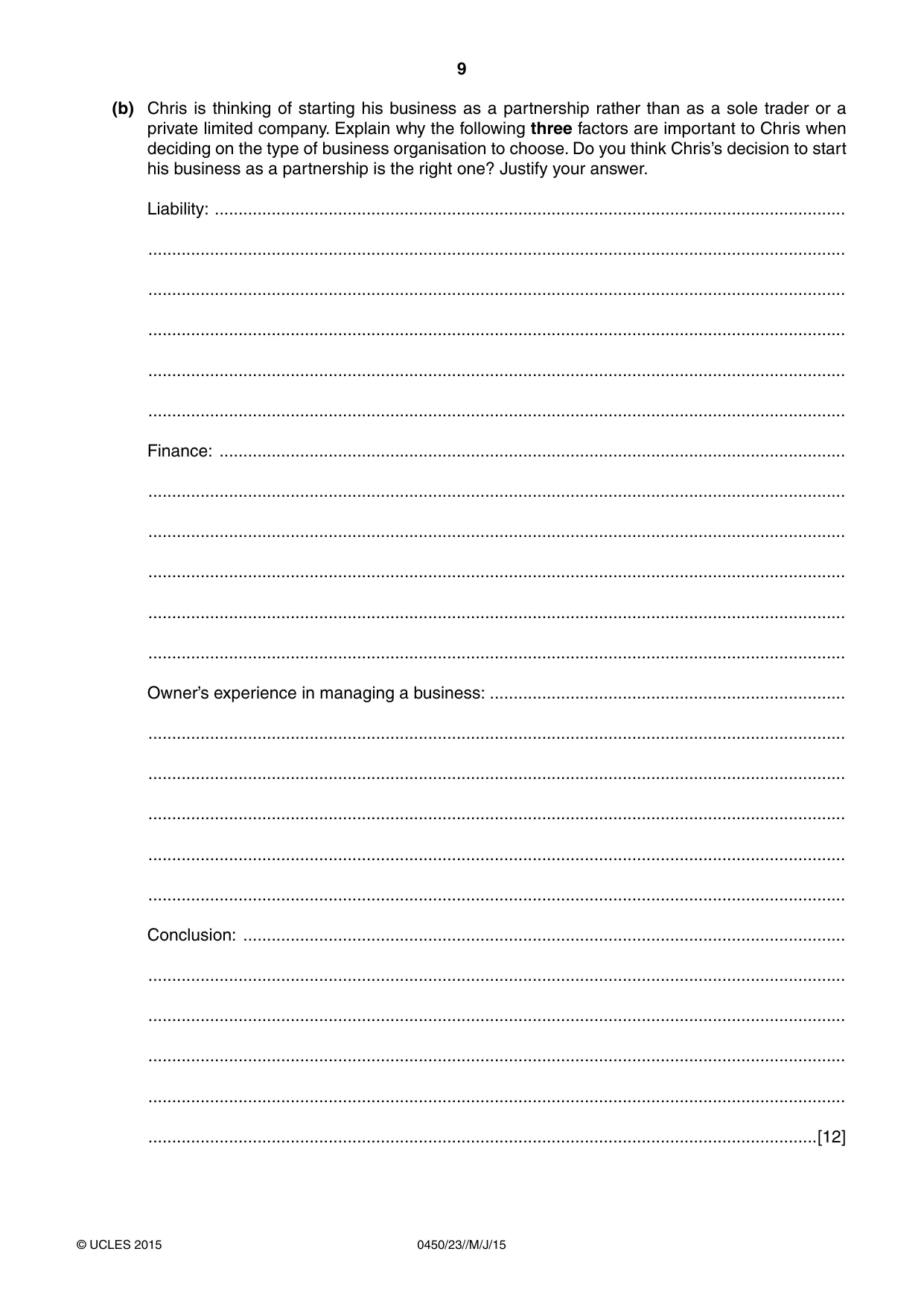 Cambridge IGCSE Business Studies 0450 2015 May/June Paper 2 · Variant 3 question paper, page 9 of 12