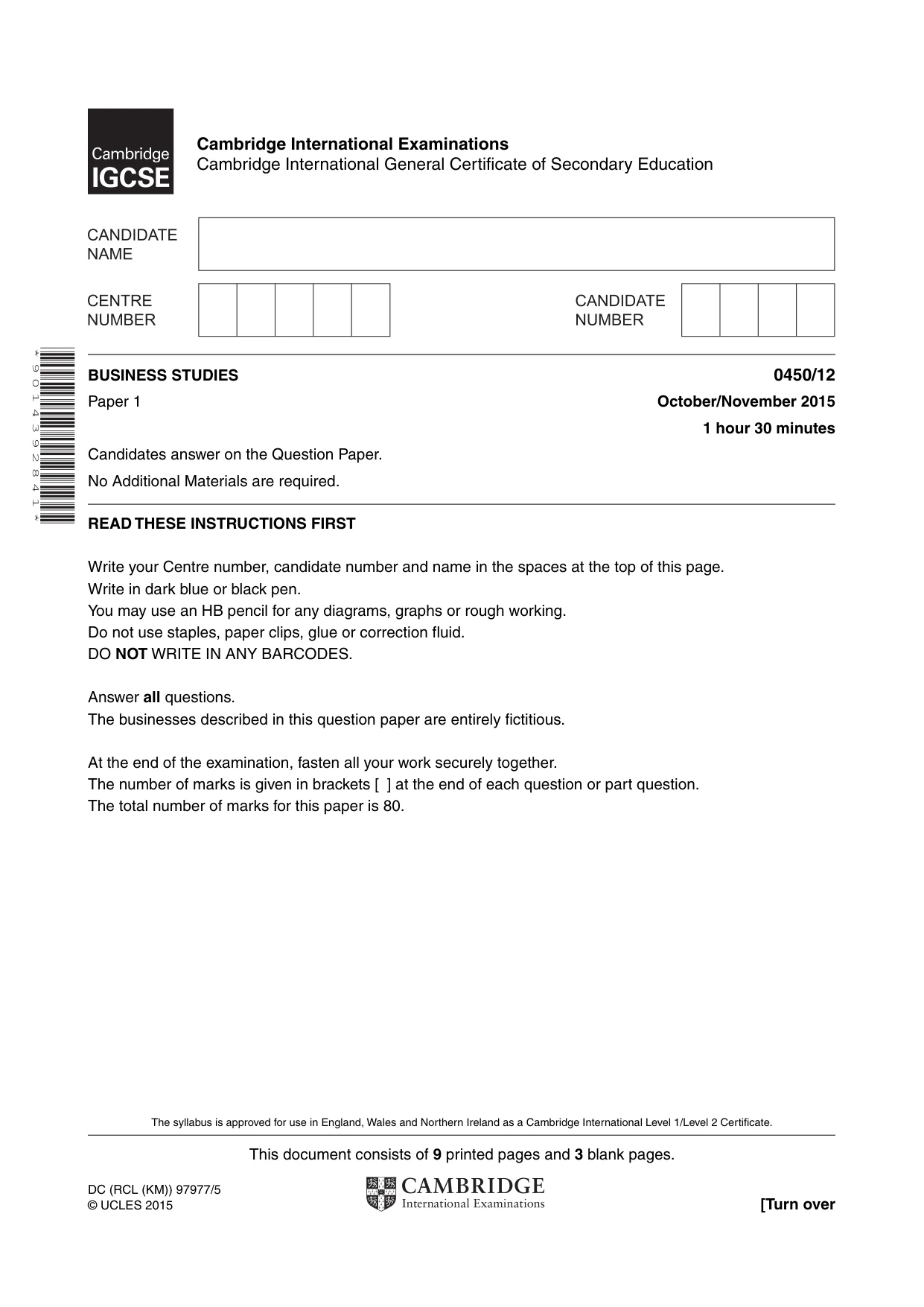 Cambridge IGCSE Business Studies 0450 2015 Oct/Nov Paper 1 · Variant 2 question paper, page 1 of 12