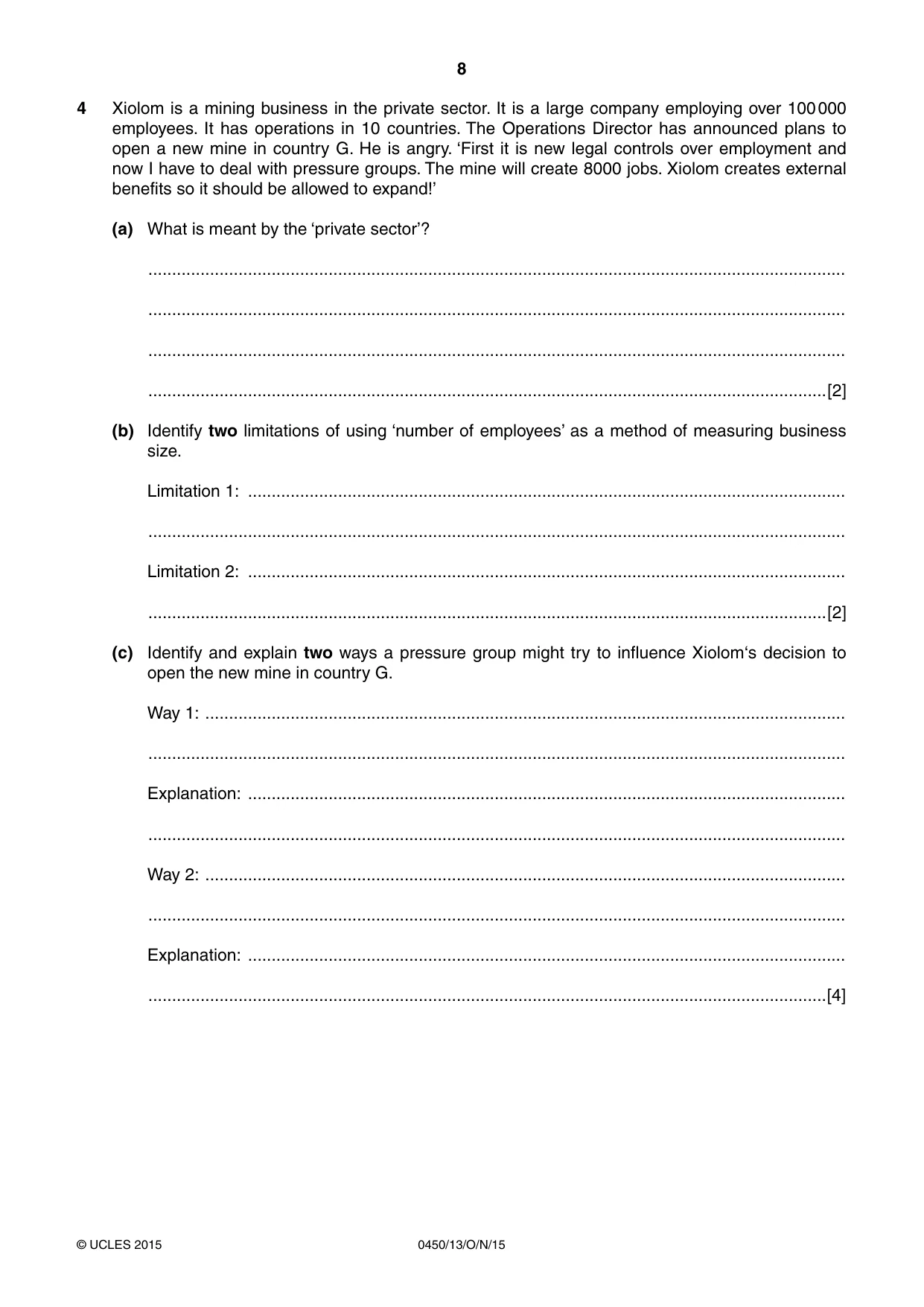 Cambridge IGCSE Business Studies 0450 2015 Oct/Nov Paper 1 · Variant 3 question paper, page 8 of 12
