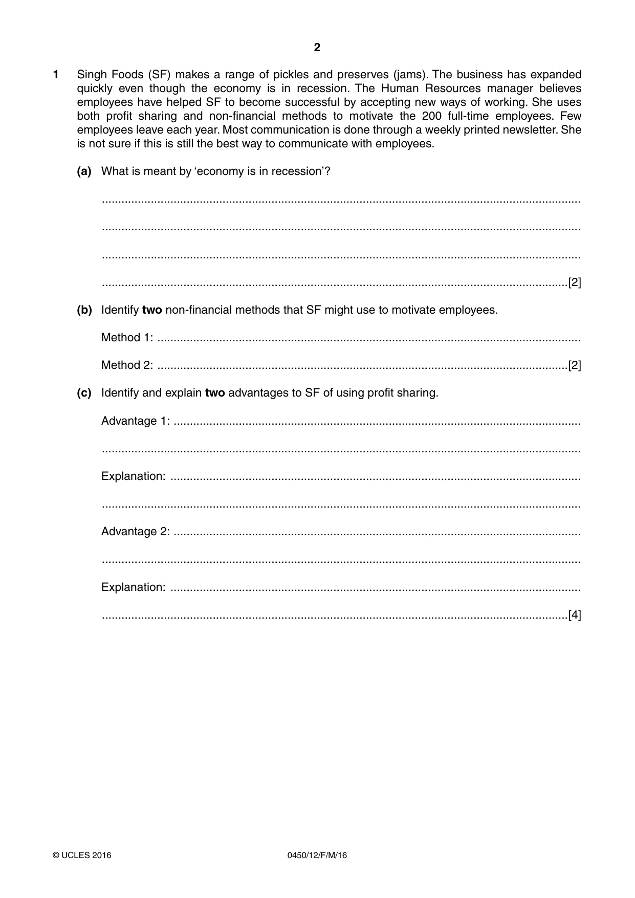 Cambridge IGCSE Business Studies 0450 2016 Feb/March Paper 1 · Variant 2 question paper, page 2 of 12