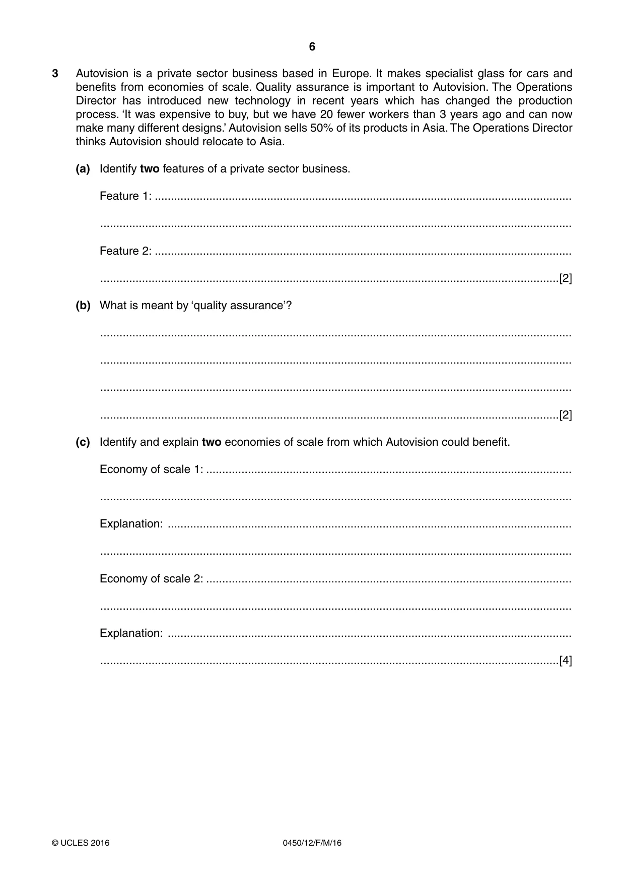 Cambridge IGCSE Business Studies 0450 2016 Feb/March Paper 1 · Variant 2 question paper, page 6 of 12