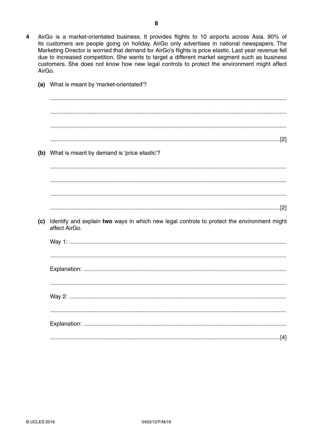 Cambridge IGCSE Business Studies 0450 2016 Feb/March Paper 1 · Variant 2 question paper, page 8 of 12