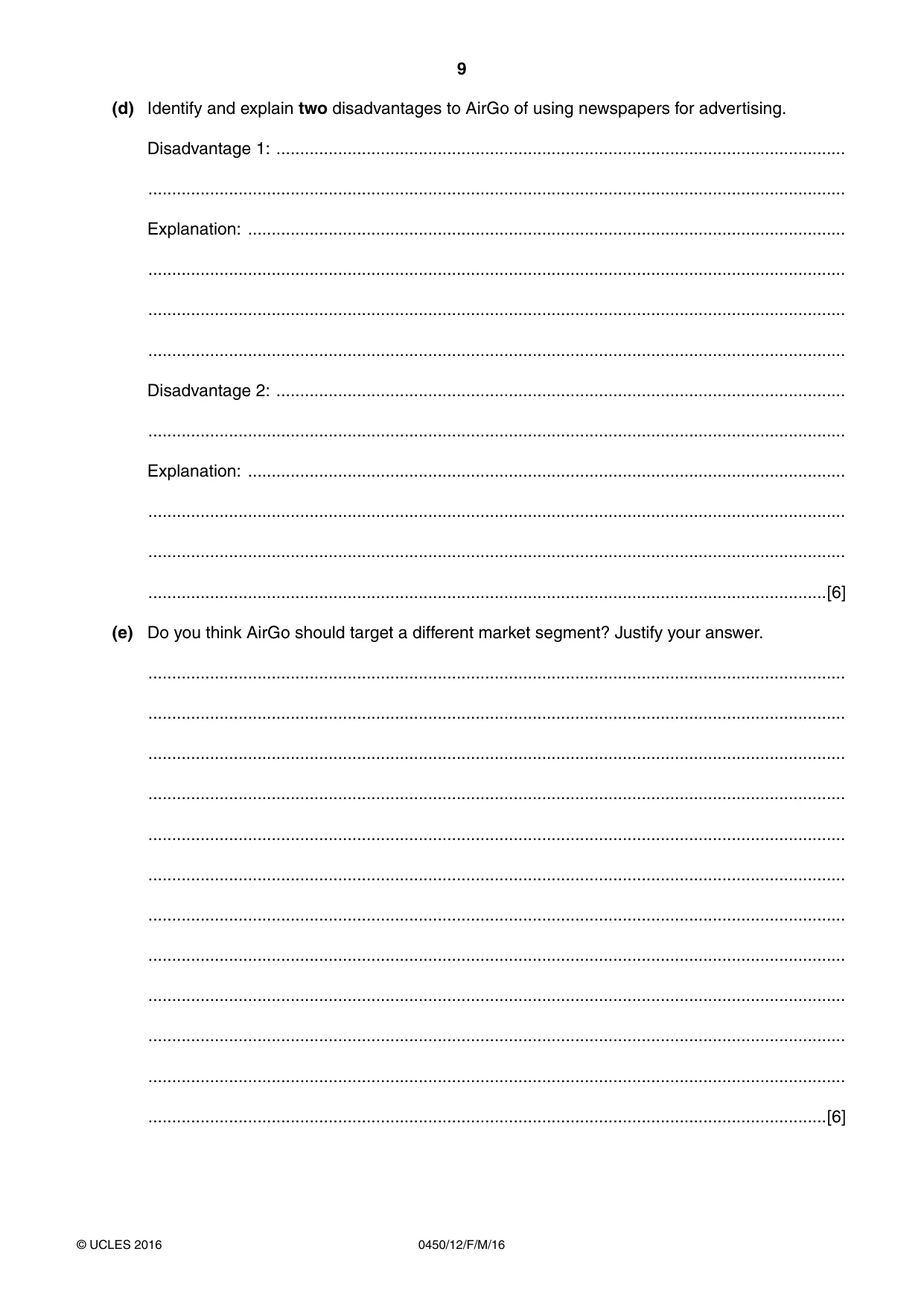Cambridge IGCSE Business Studies 0450 2016 Feb/March Paper 1 · Variant 2 question paper, page 9 of 12