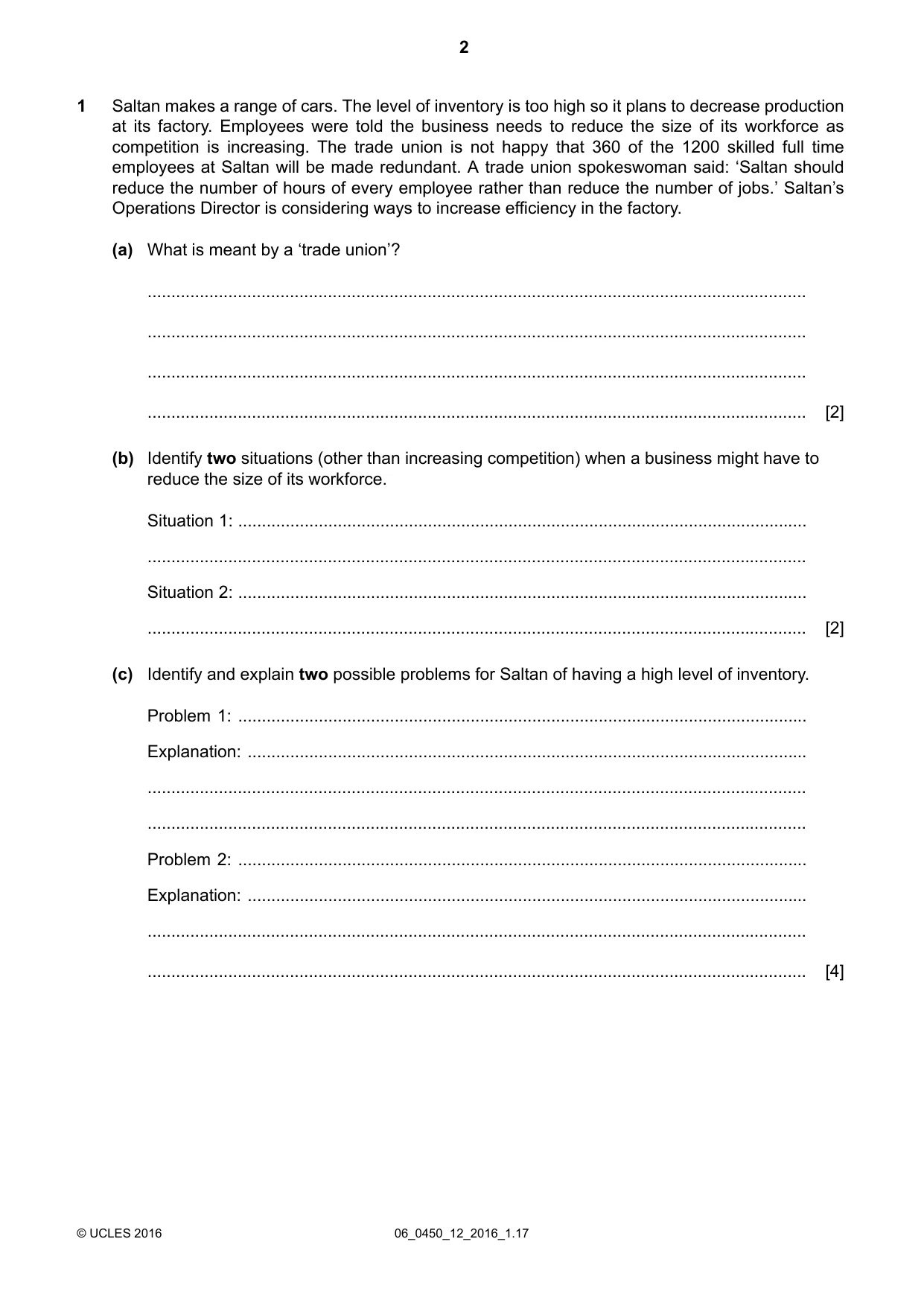 Cambridge IGCSE Business Studies 0450 2016 May/June Paper 1 · Variant 2 question paper, page 2 of 12