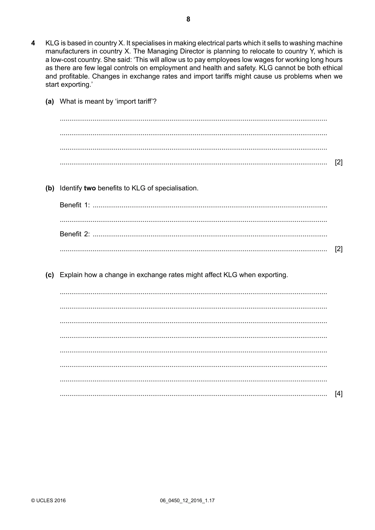 Cambridge IGCSE Business Studies 0450 2016 May/June Paper 1 · Variant 2 question paper, page 8 of 12