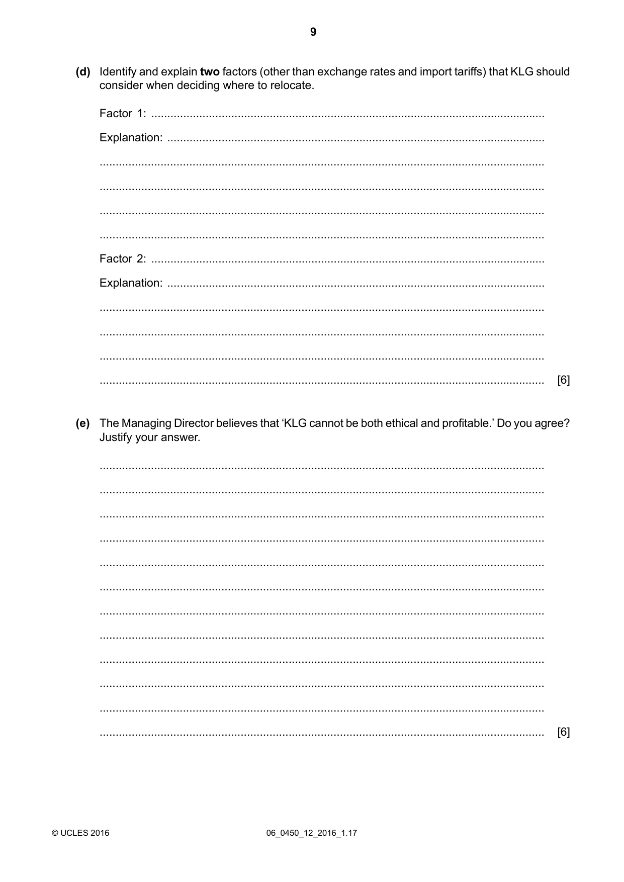 Cambridge IGCSE Business Studies 0450 2016 May/June Paper 1 · Variant 2 question paper, page 9 of 12