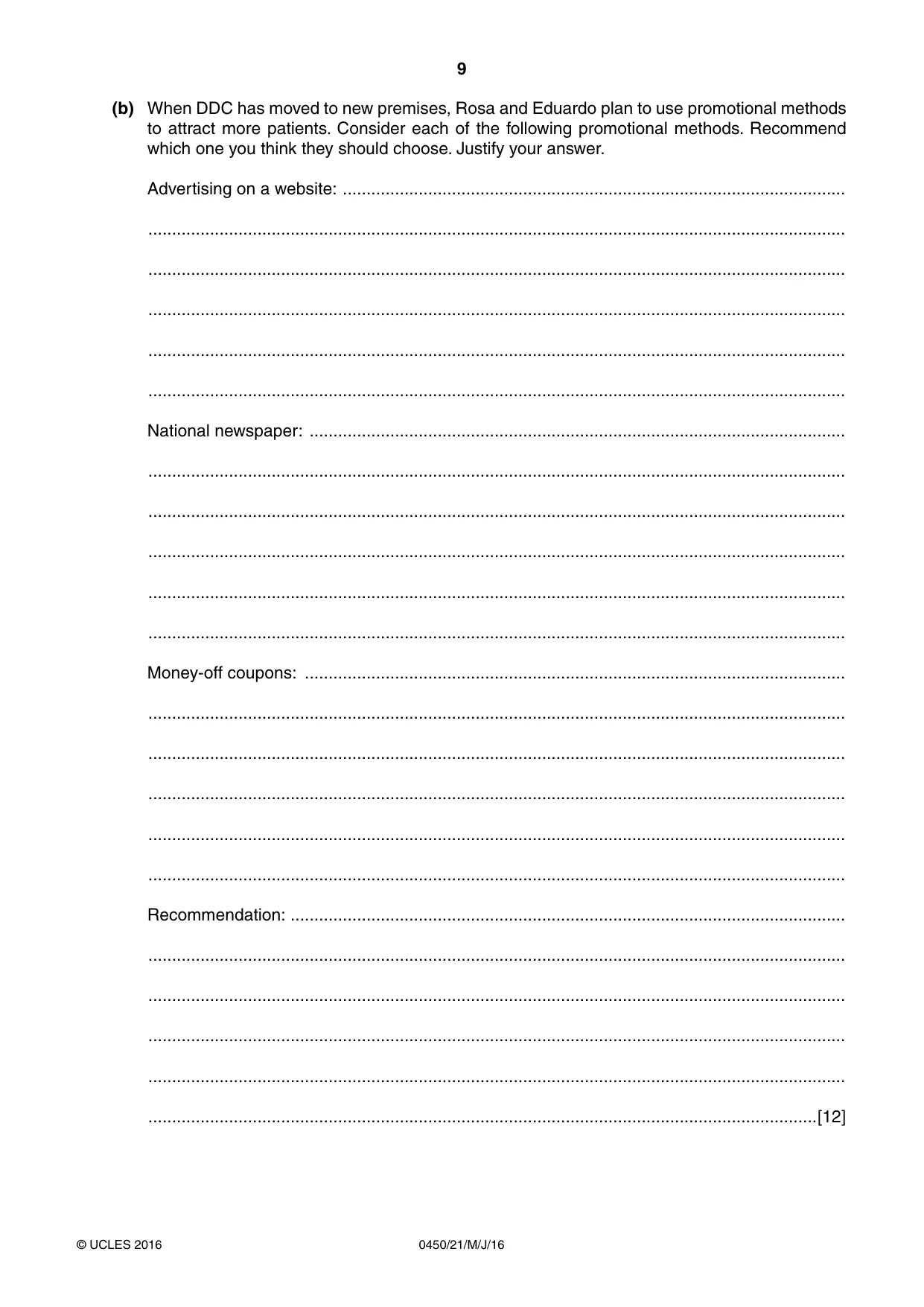 Cambridge IGCSE Business Studies 0450 2016 May/June Paper 2 · Variant 1 question paper, page 9 of 12