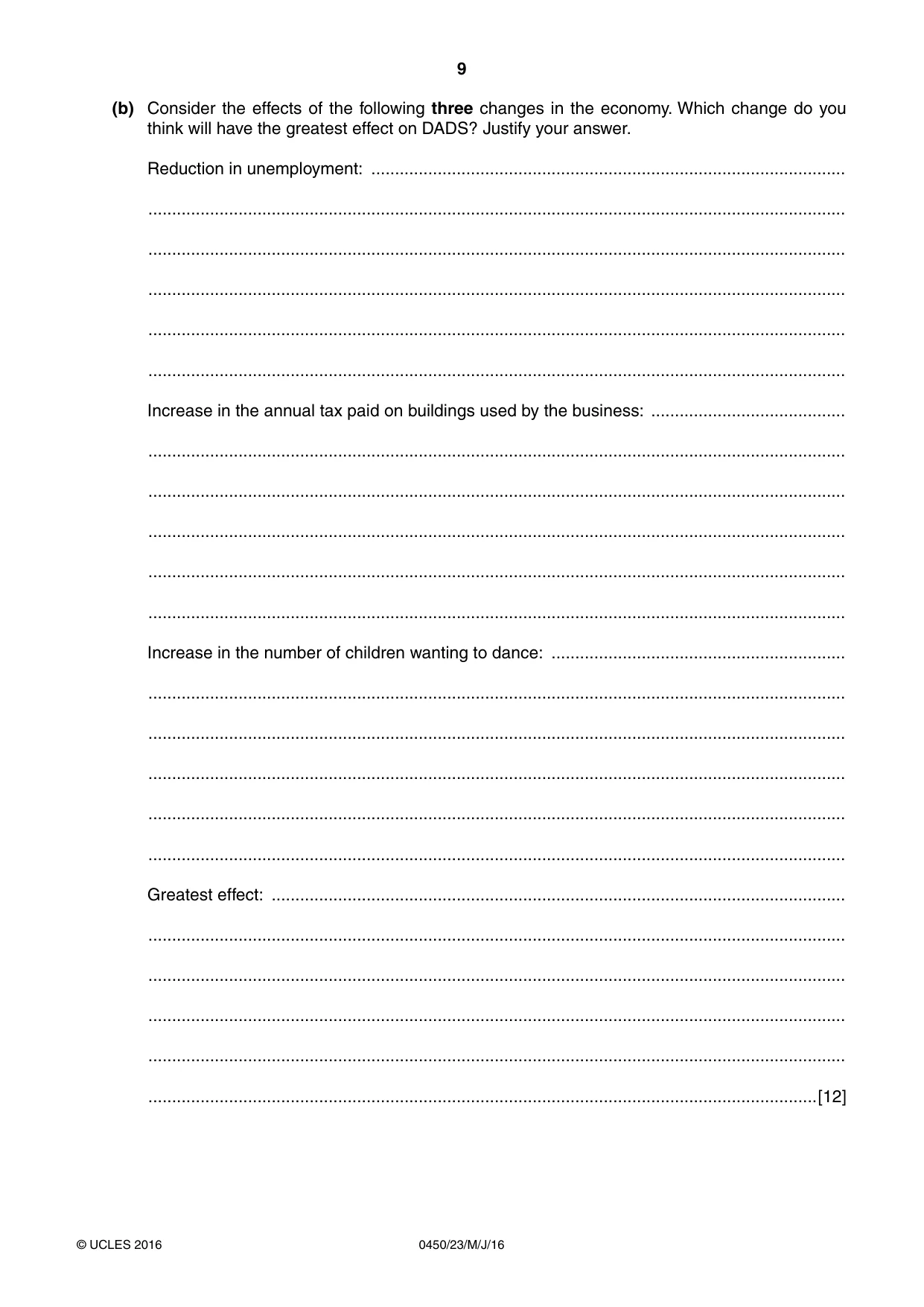 Cambridge IGCSE Business Studies 0450 2016 May/June Paper 2 · Variant 3 question paper, page 9 of 12