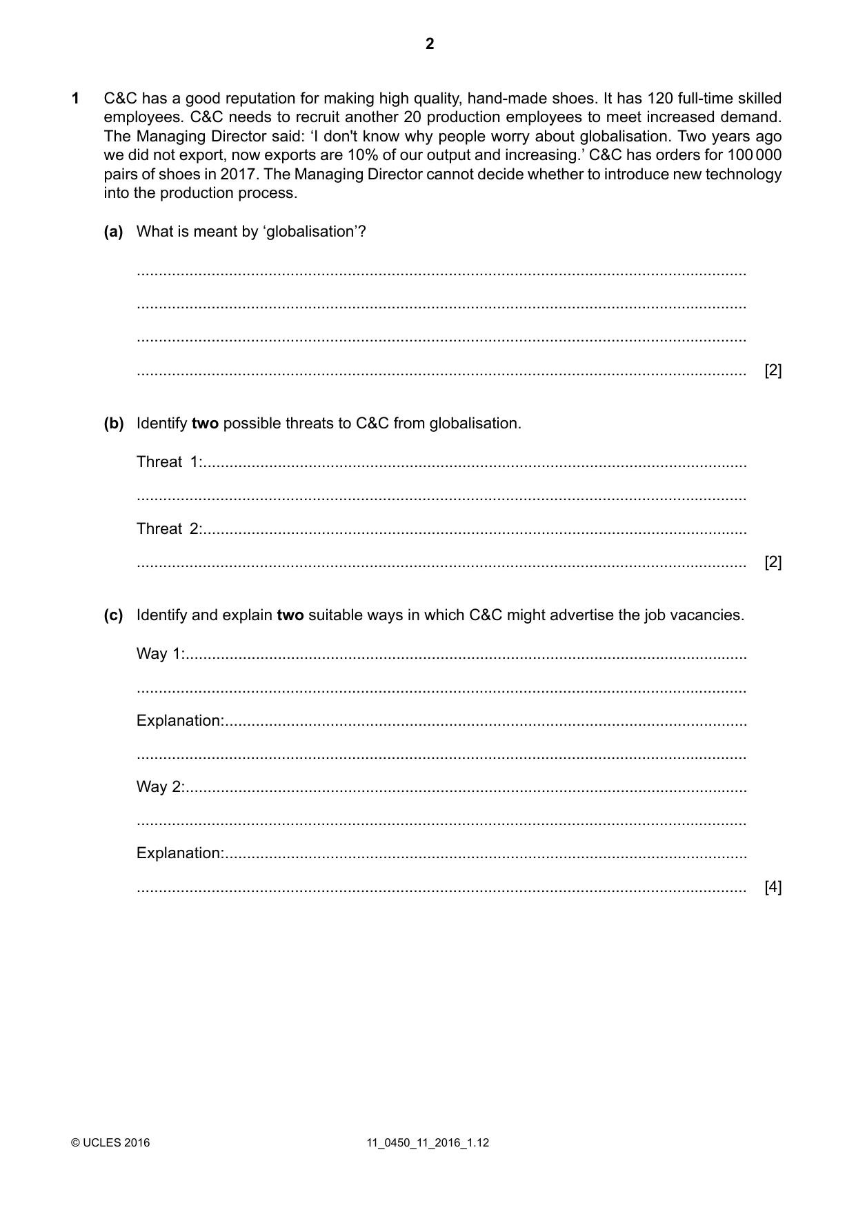Cambridge IGCSE Business Studies 0450 2016 Oct/Nov Paper 1 · Variant 1 question paper, page 2 of 12