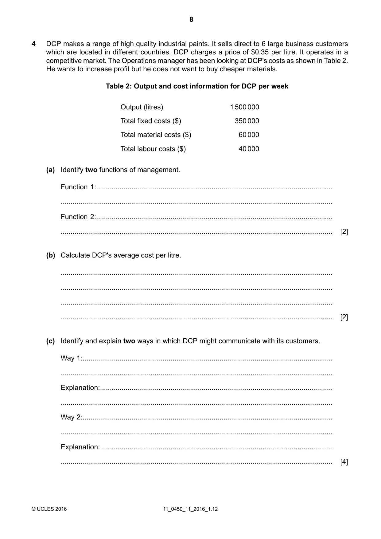 Cambridge IGCSE Business Studies 0450 2016 Oct/Nov Paper 1 · Variant 1 question paper, page 8 of 12