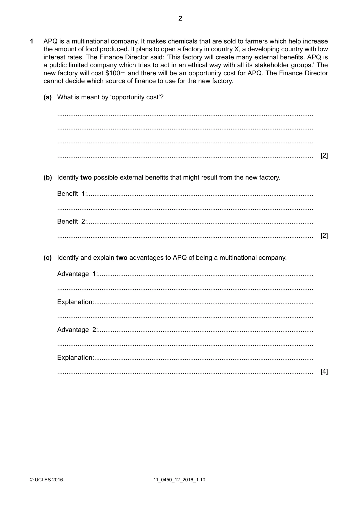 Cambridge IGCSE Business Studies 0450 2016 Oct/Nov Paper 1 · Variant 2 question paper, page 2 of 12
