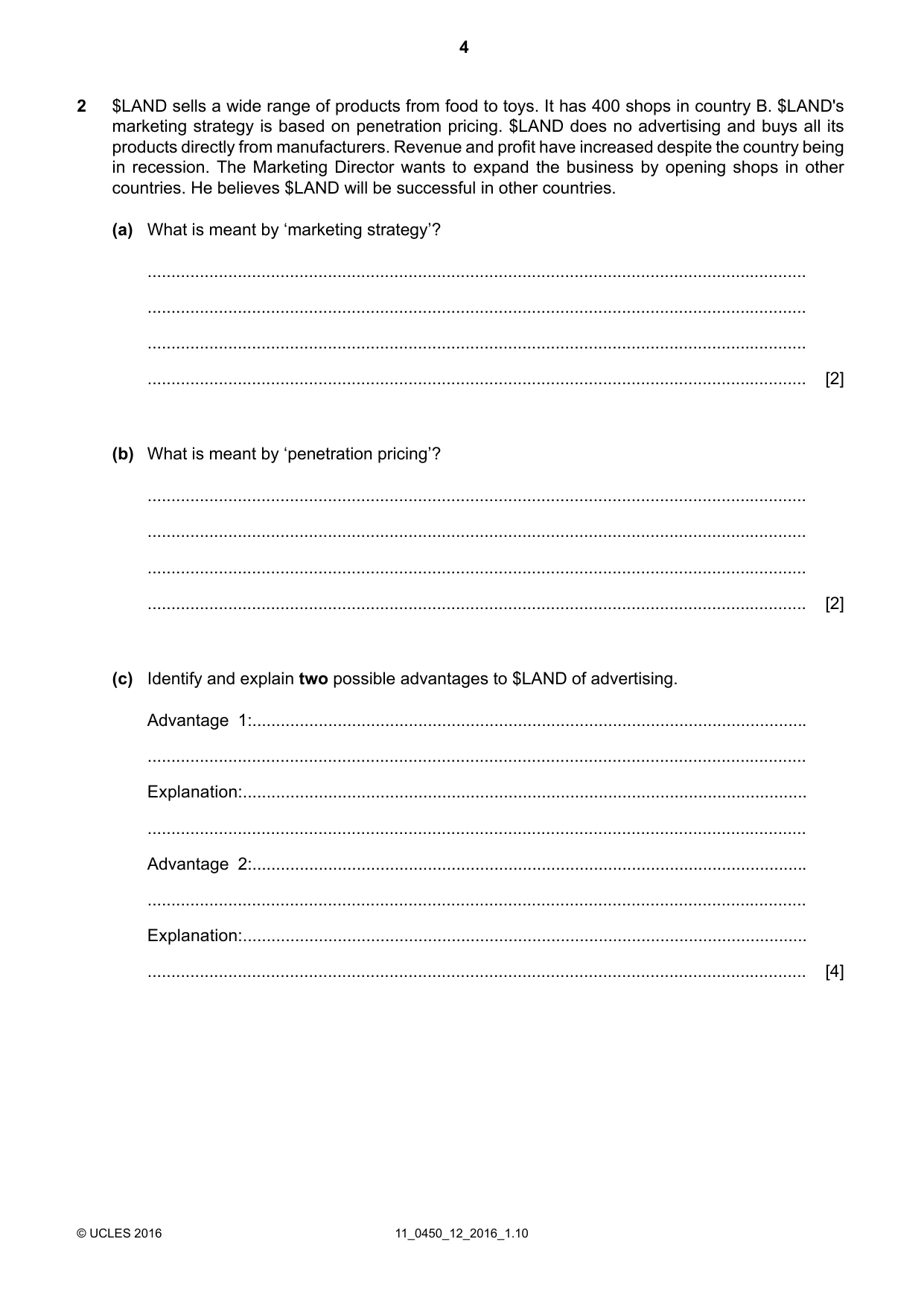 Cambridge IGCSE Business Studies 0450 2016 Oct/Nov Paper 1 · Variant 2 question paper, page 4 of 12