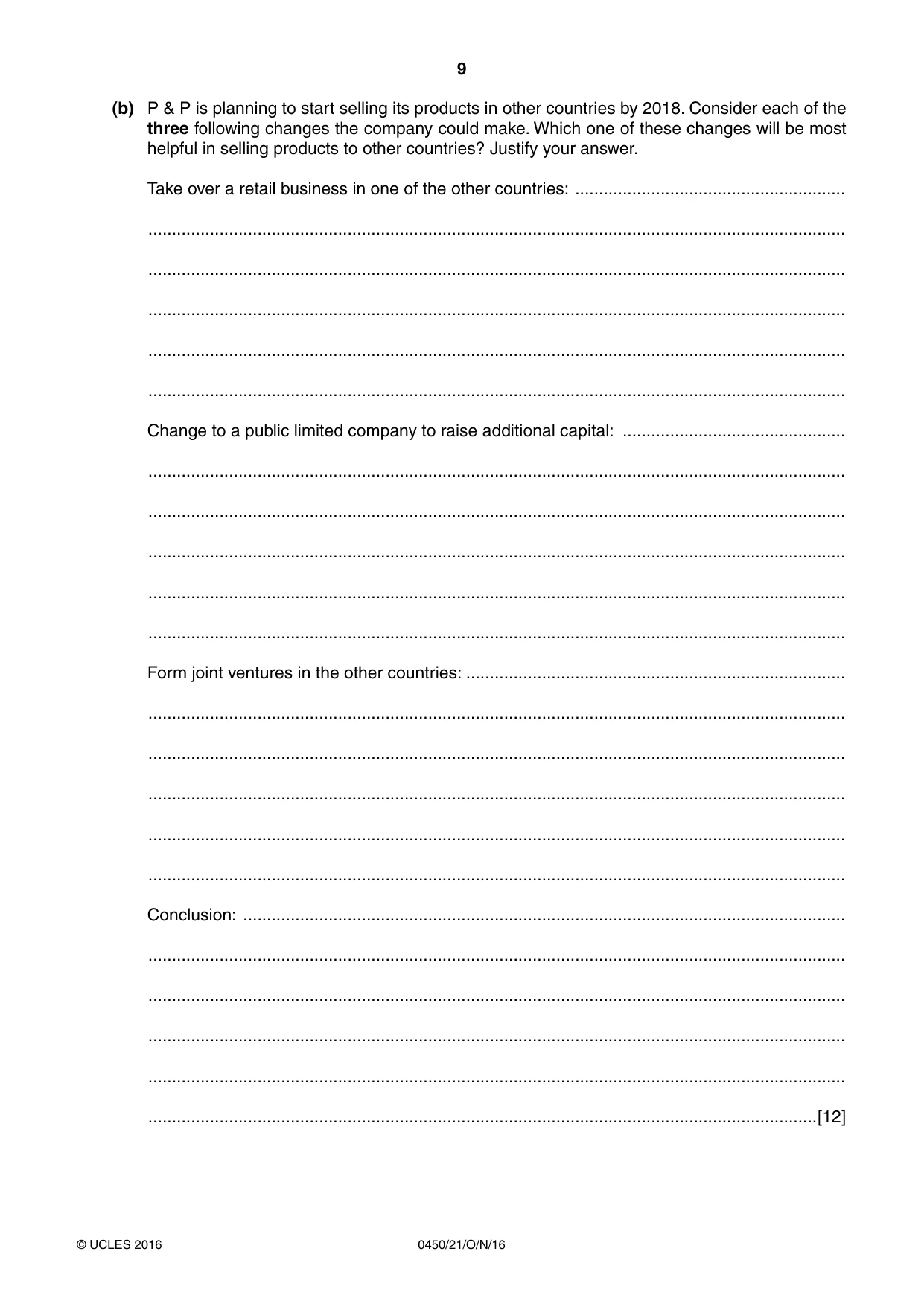 Cambridge IGCSE Business Studies 0450 2016 Oct/Nov Paper 2 · Variant 1 question paper, page 9 of 12