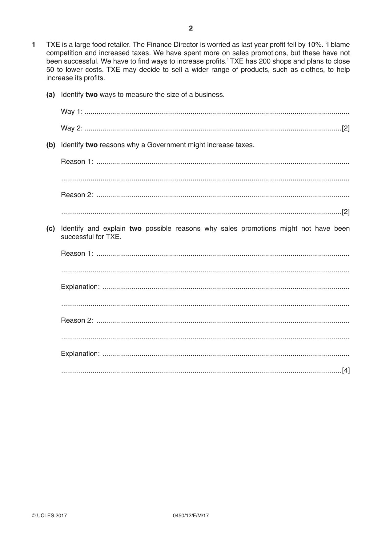Cambridge IGCSE Business Studies 0450 2017 Feb/March Paper 1 · Variant 2 question paper, page 2 of 12
