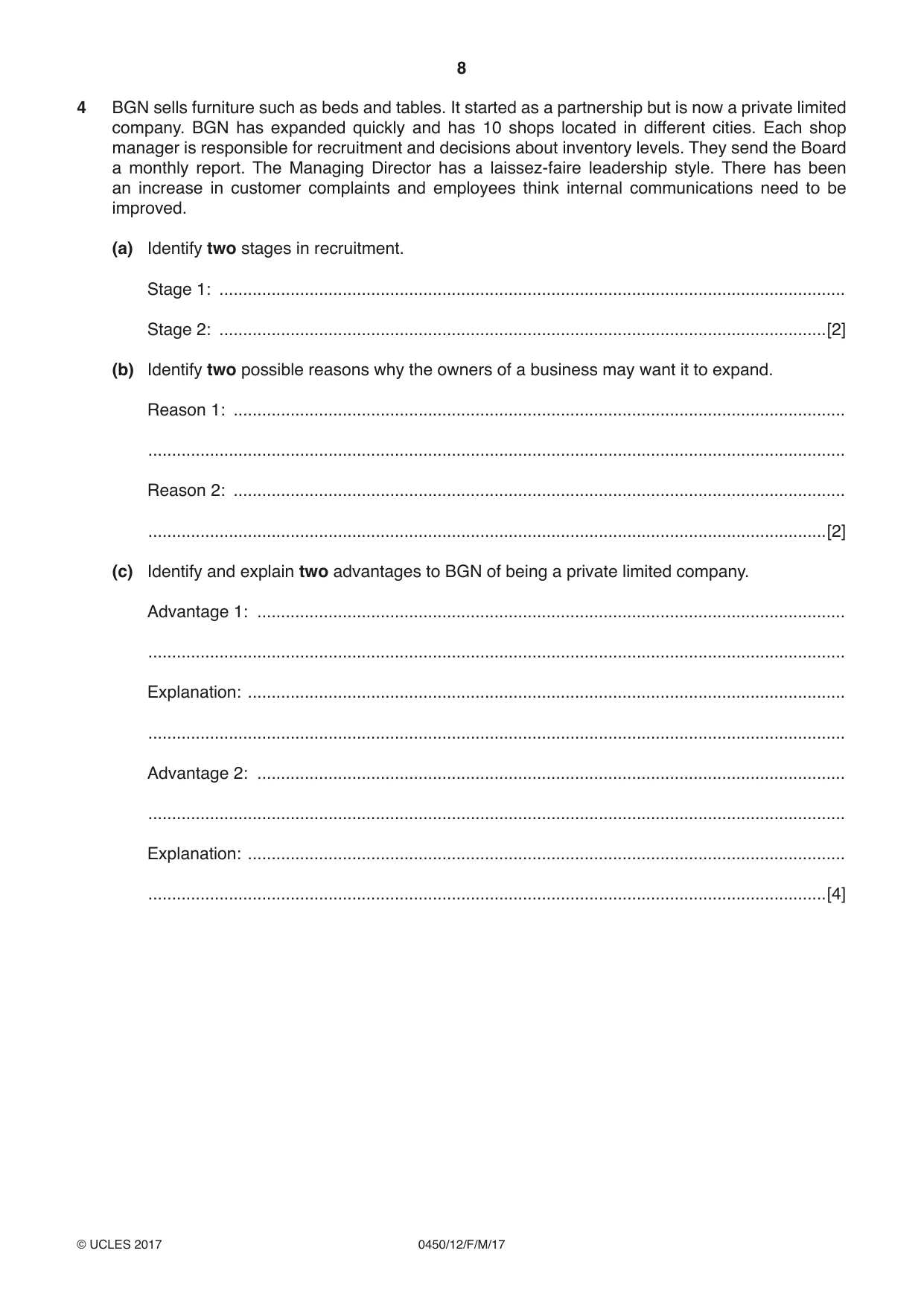 Cambridge IGCSE Business Studies 0450 2017 Feb/March Paper 1 · Variant 2 question paper, page 8 of 12