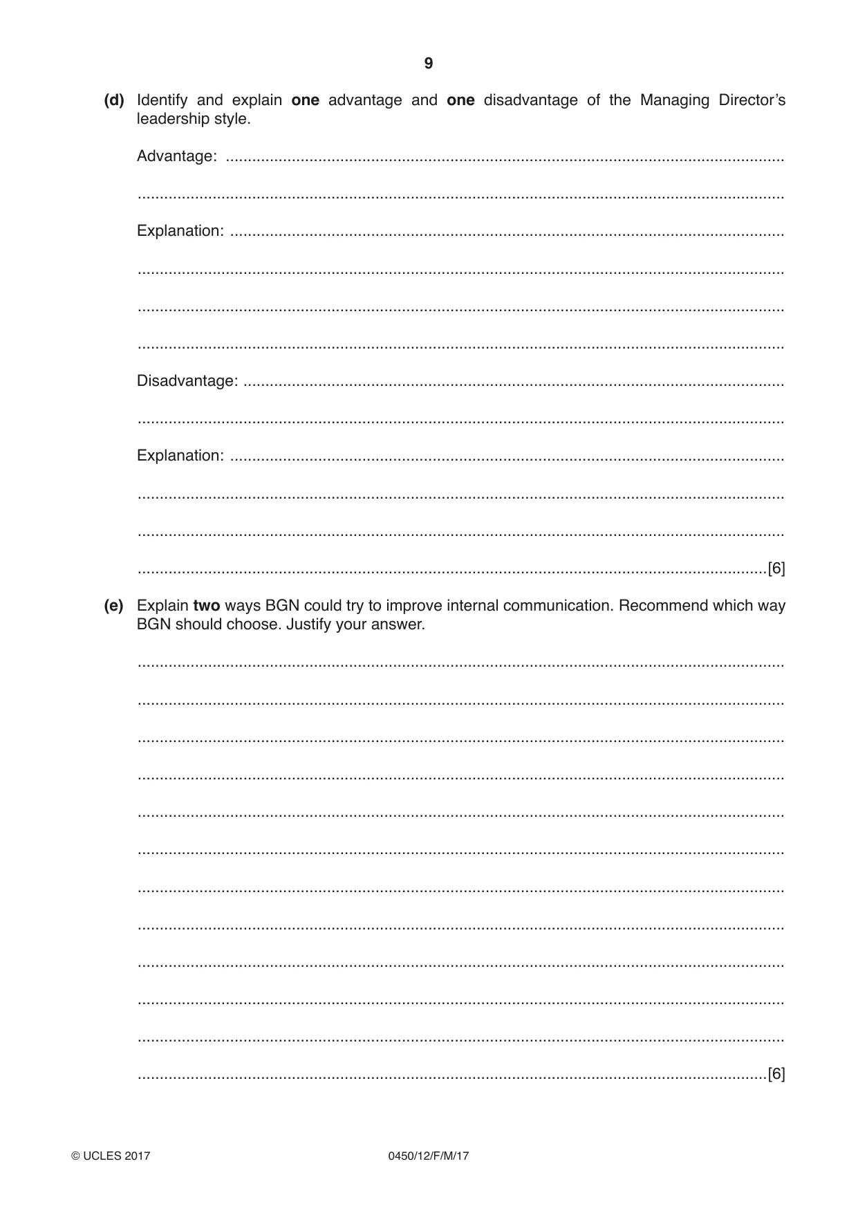 Cambridge IGCSE Business Studies 0450 2017 Feb/March Paper 1 · Variant 2 question paper, page 9 of 12