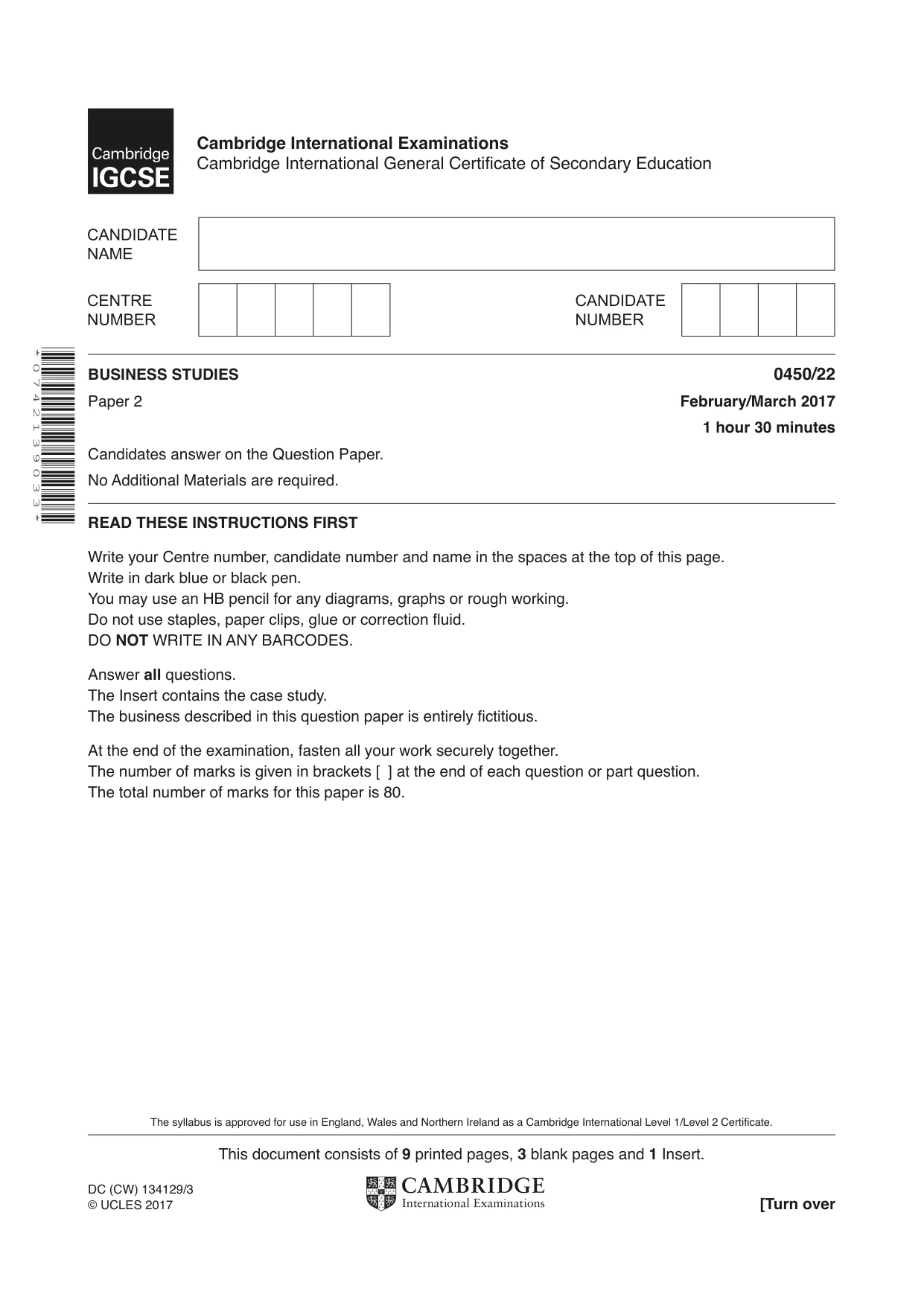 Cambridge IGCSE Business Studies 0450 2017 Feb/March Paper 2 · Variant 2 question paper, page 1 of 12