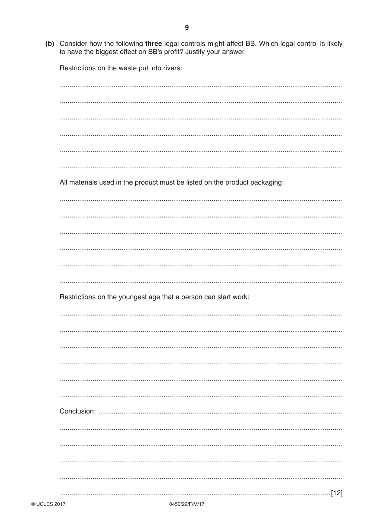 Cambridge IGCSE Business Studies 0450 2017 Feb/March Paper 2 · Variant 2 question paper, page 9 of 12