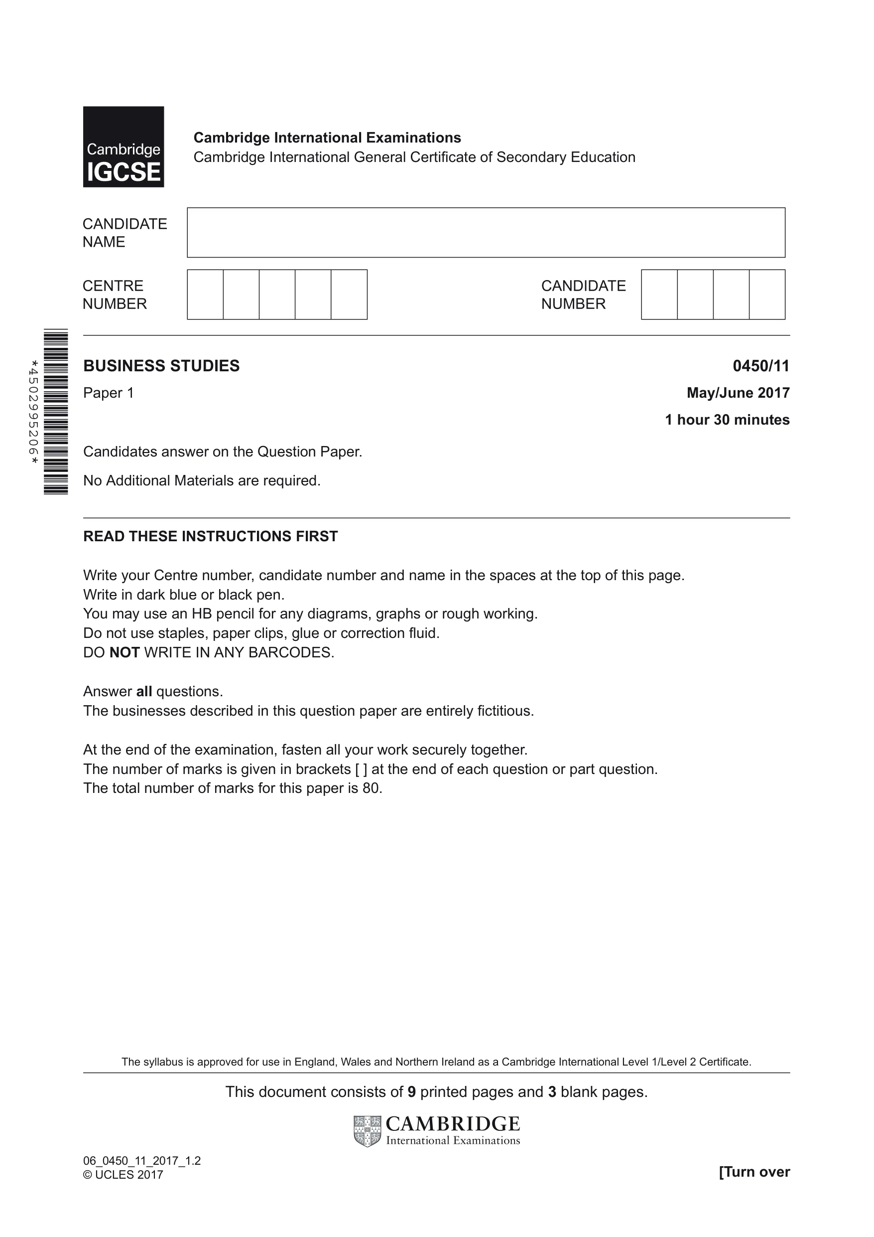 Cambridge IGCSE Business Studies 0450 2017 May/June Paper 1 · Variant 1 question paper, page 1 of 12