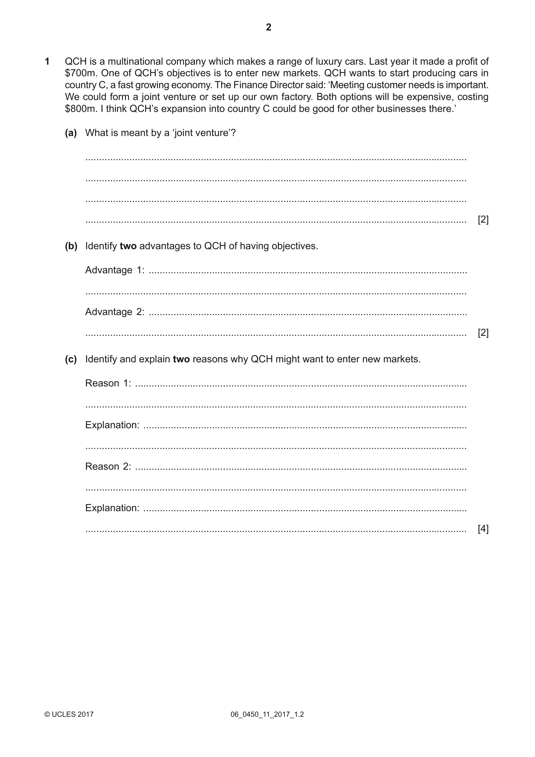 Cambridge IGCSE Business Studies 0450 2017 May/June Paper 1 · Variant 1 question paper, page 2 of 12