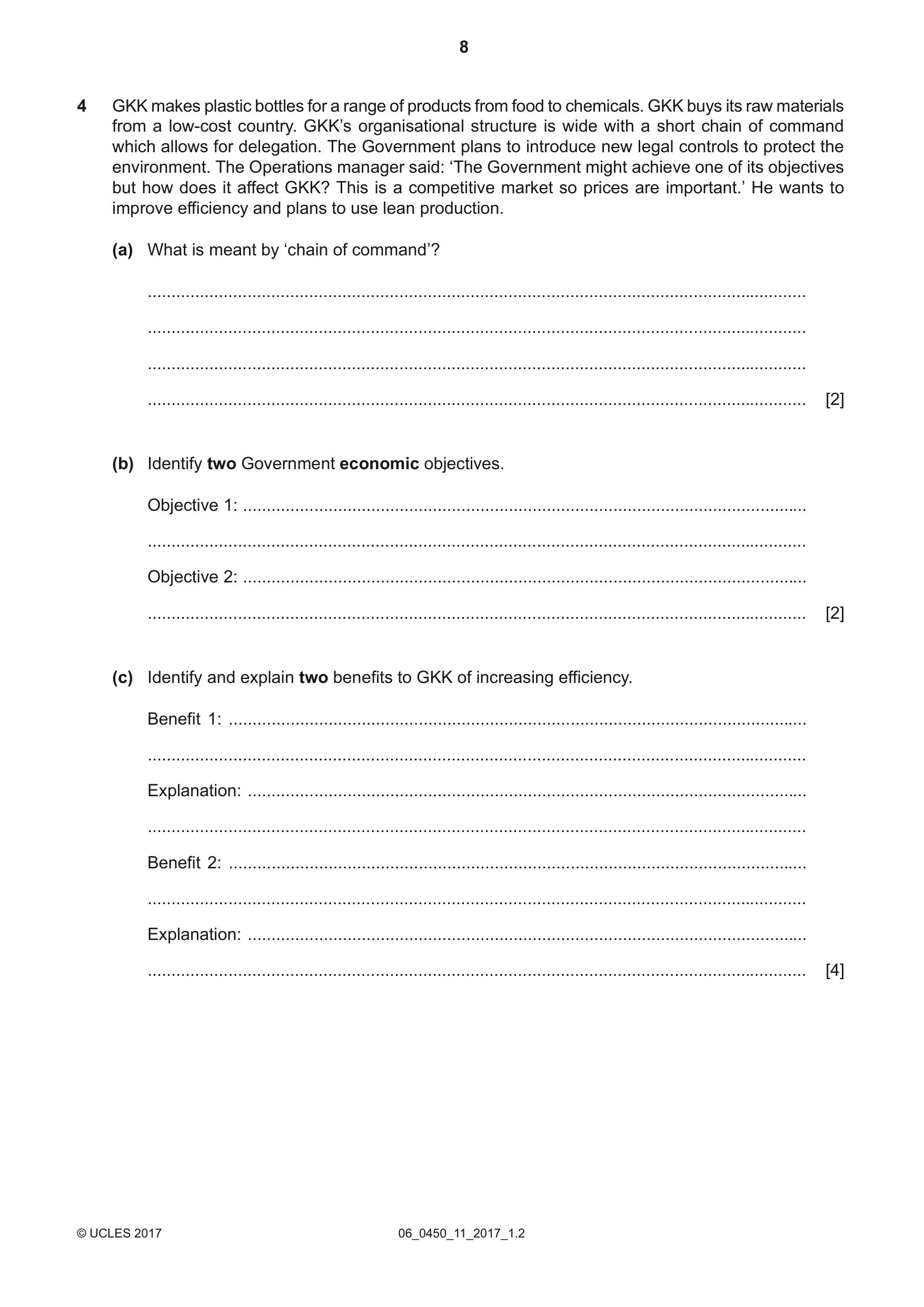 Cambridge IGCSE Business Studies 0450 2017 May/June Paper 1 · Variant 1 question paper, page 8 of 12