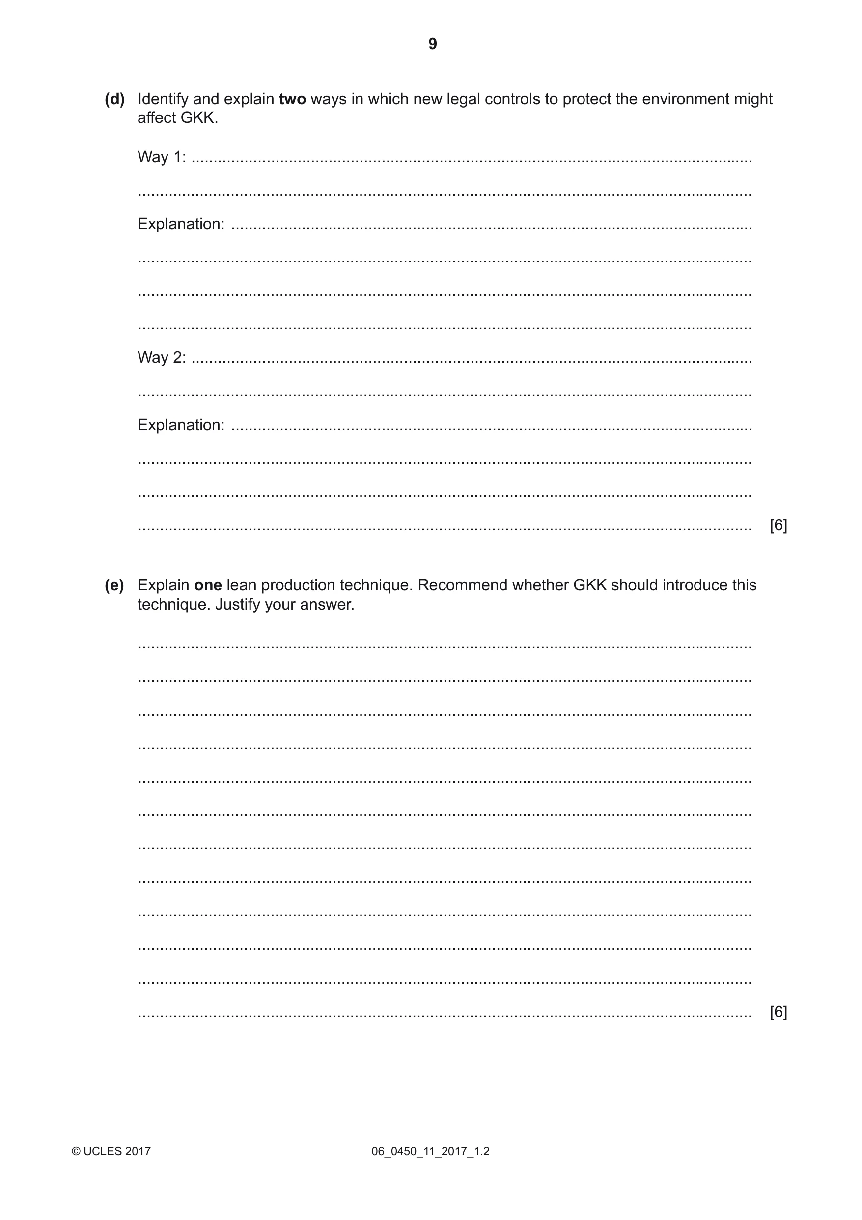 Cambridge IGCSE Business Studies 0450 2017 May/June Paper 1 · Variant 1 question paper, page 9 of 12