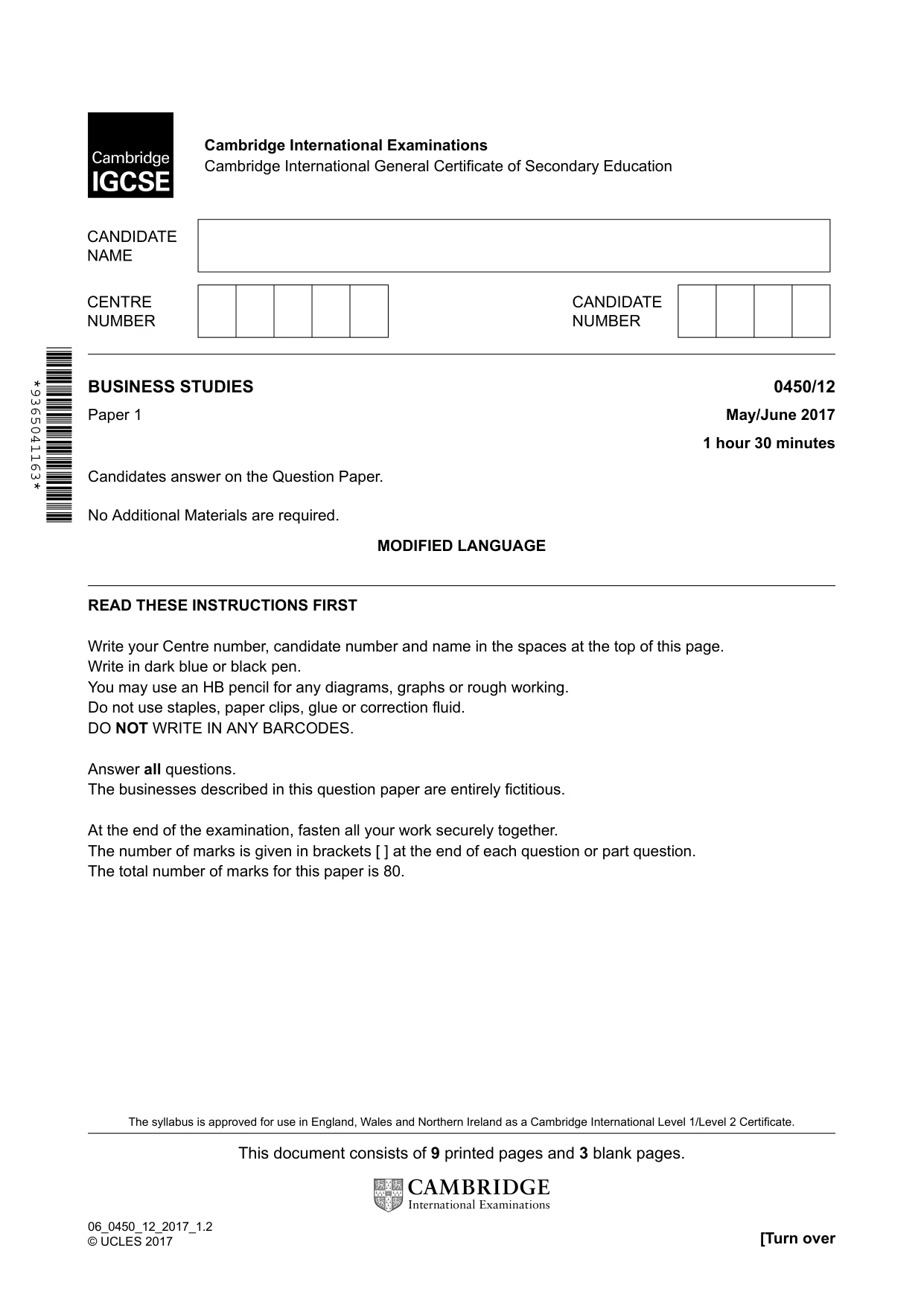 Cambridge IGCSE Business Studies 0450 2017 May/June Paper 1 · Variant 2 question paper, page 1 of 12