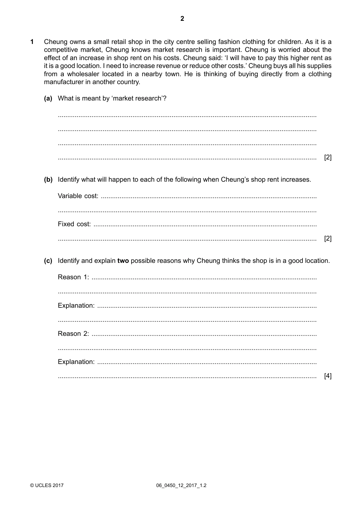 Cambridge IGCSE Business Studies 0450 2017 May/June Paper 1 · Variant 2 question paper, page 2 of 12