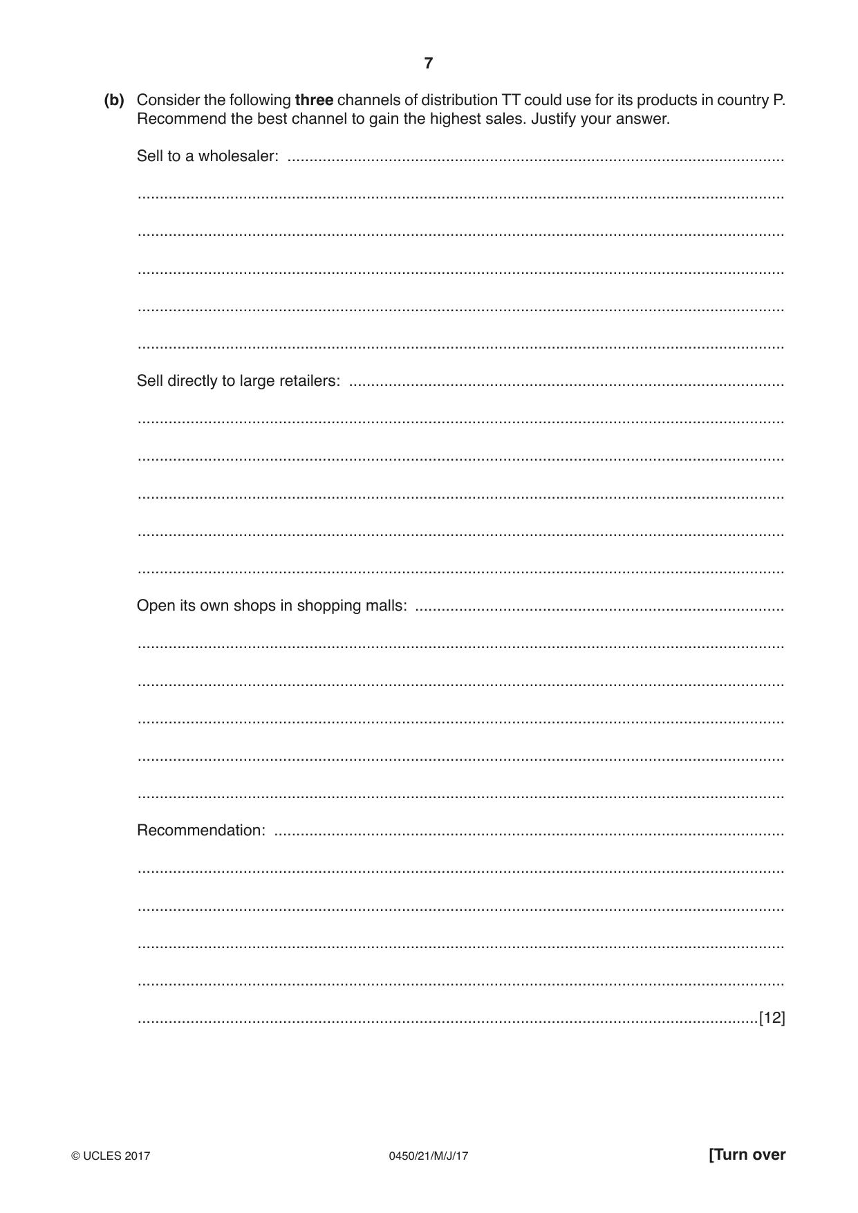 Cambridge IGCSE Business Studies 0450 2017 May/June Paper 2 · Variant 1 question paper, page 7 of 12