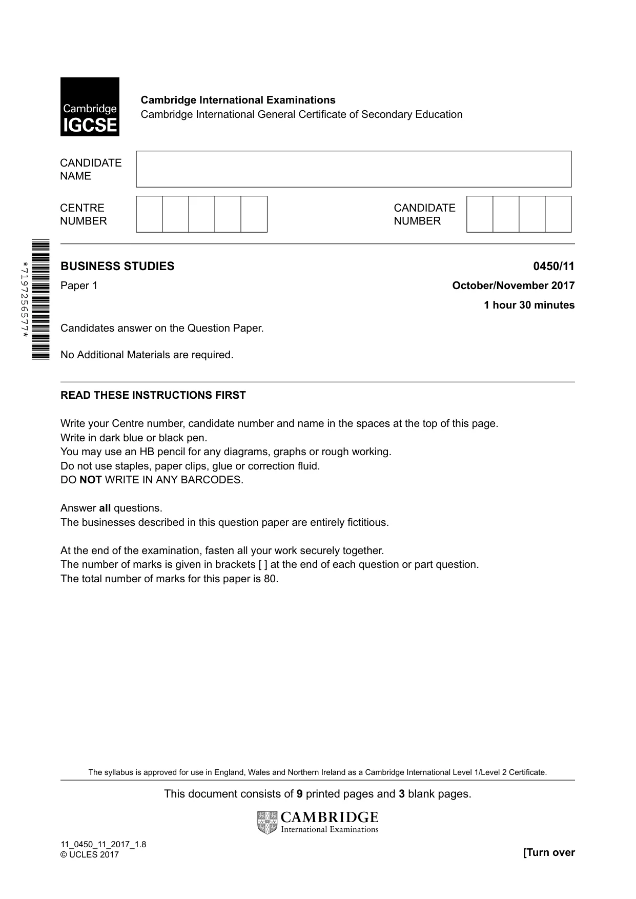 Cambridge IGCSE Business Studies 0450 2017 Oct/Nov Paper 1 · Variant 1 question paper, page 1 of 12