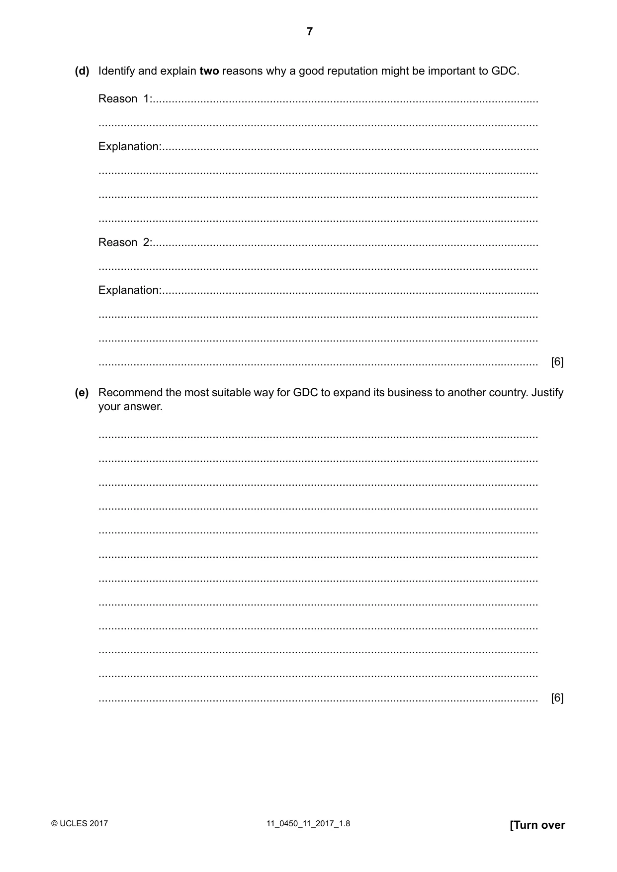 Cambridge IGCSE Business Studies 0450 2017 Oct/Nov Paper 1 · Variant 1 question paper, page 7 of 12