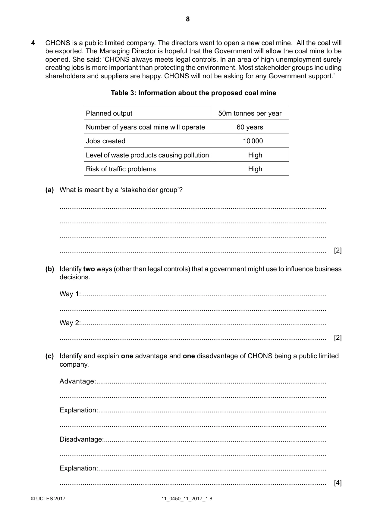 Cambridge IGCSE Business Studies 0450 2017 Oct/Nov Paper 1 · Variant 1 question paper, page 8 of 12