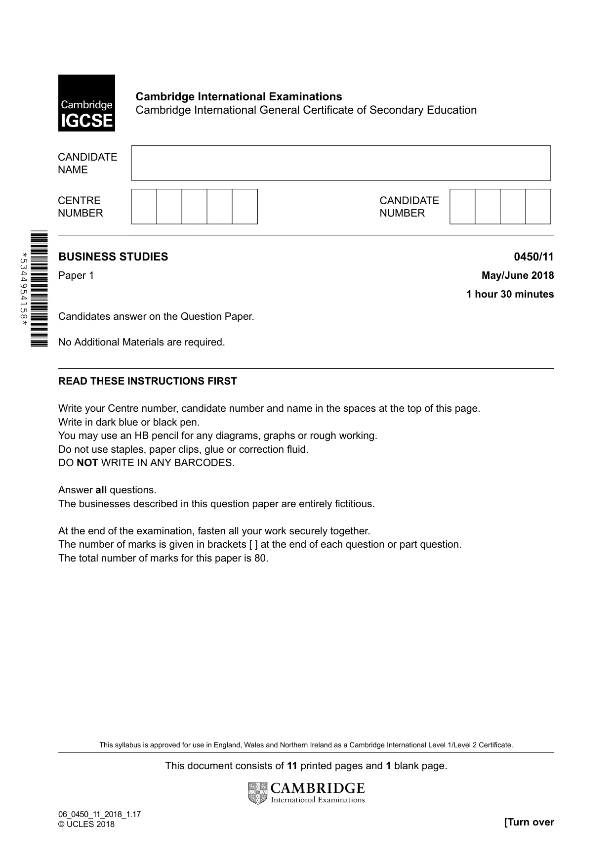 Cambridge IGCSE Business Studies 0450 2018 May/June Paper 1 · Variant 1 question paper, page 1 of 12