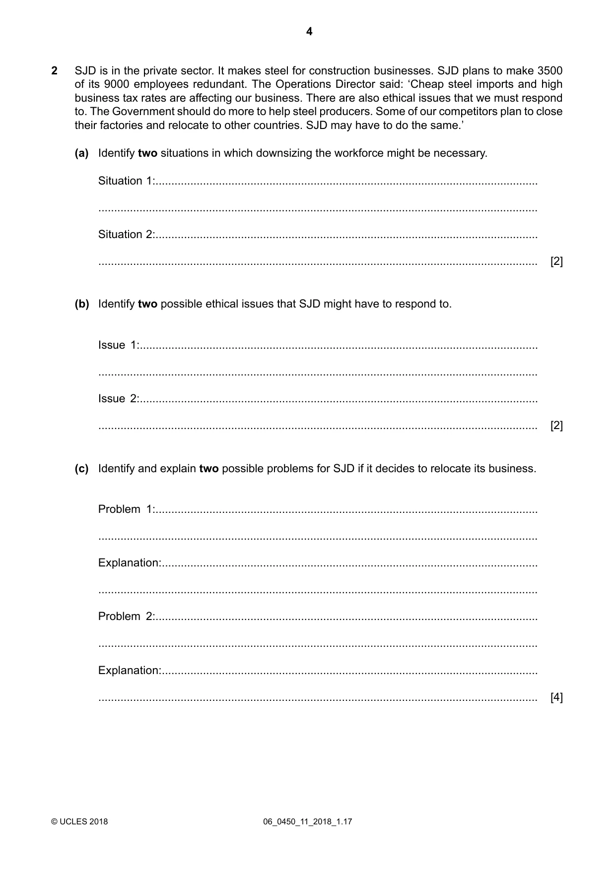 Cambridge IGCSE Business Studies 0450 2018 May/June Paper 1 · Variant 1 question paper, page 4 of 12