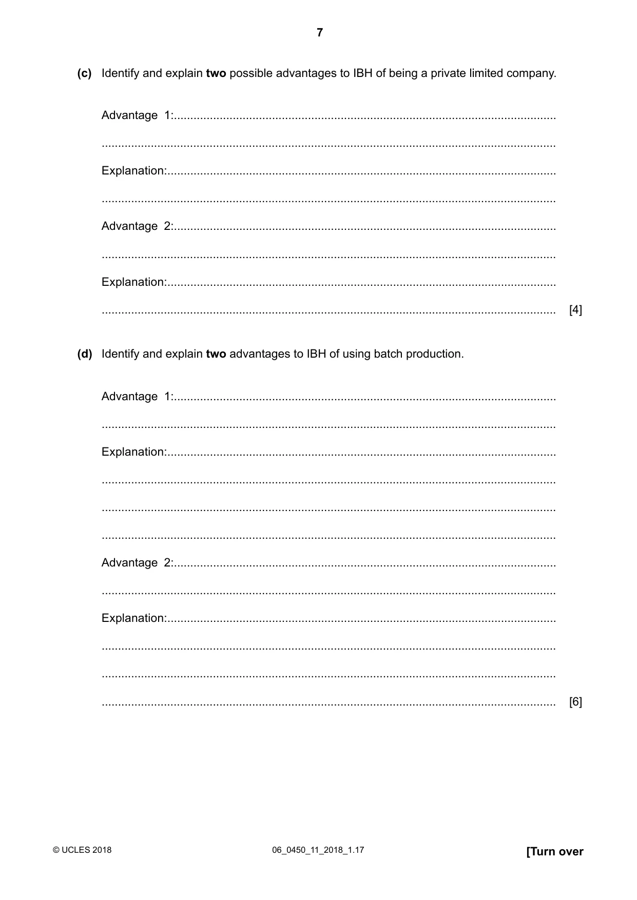 Cambridge IGCSE Business Studies 0450 2018 May/June Paper 1 · Variant 1 question paper, page 7 of 12