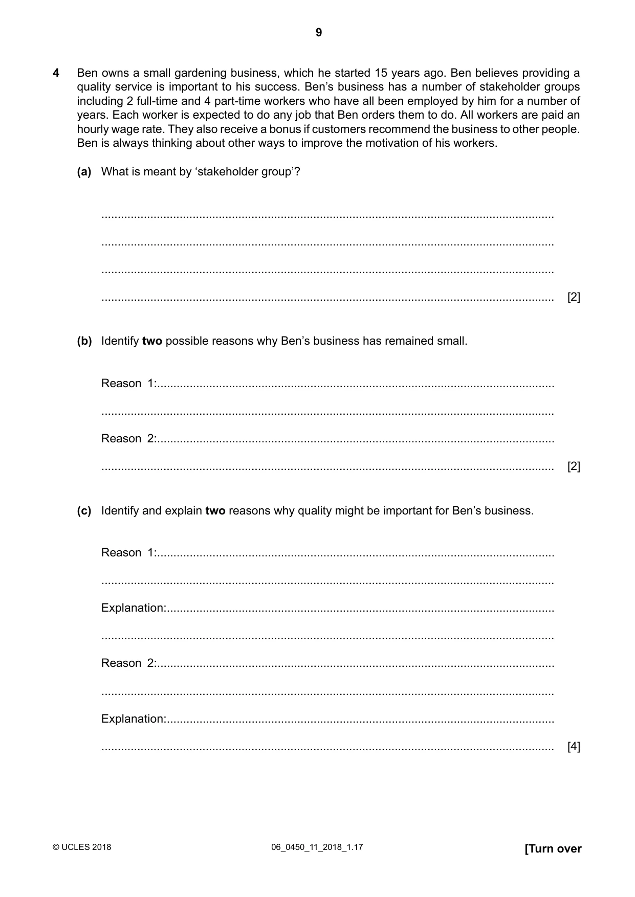 Cambridge IGCSE Business Studies 0450 2018 May/June Paper 1 · Variant 1 question paper, page 9 of 12
