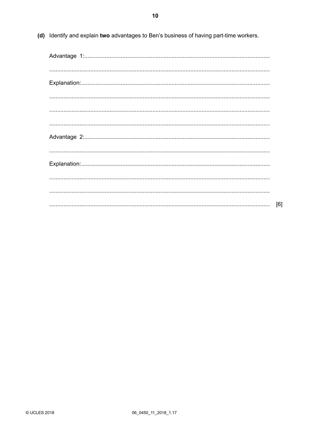 Cambridge IGCSE Business Studies 0450 2018 May/June Paper 1 · Variant 1 question paper, page 10 of 12