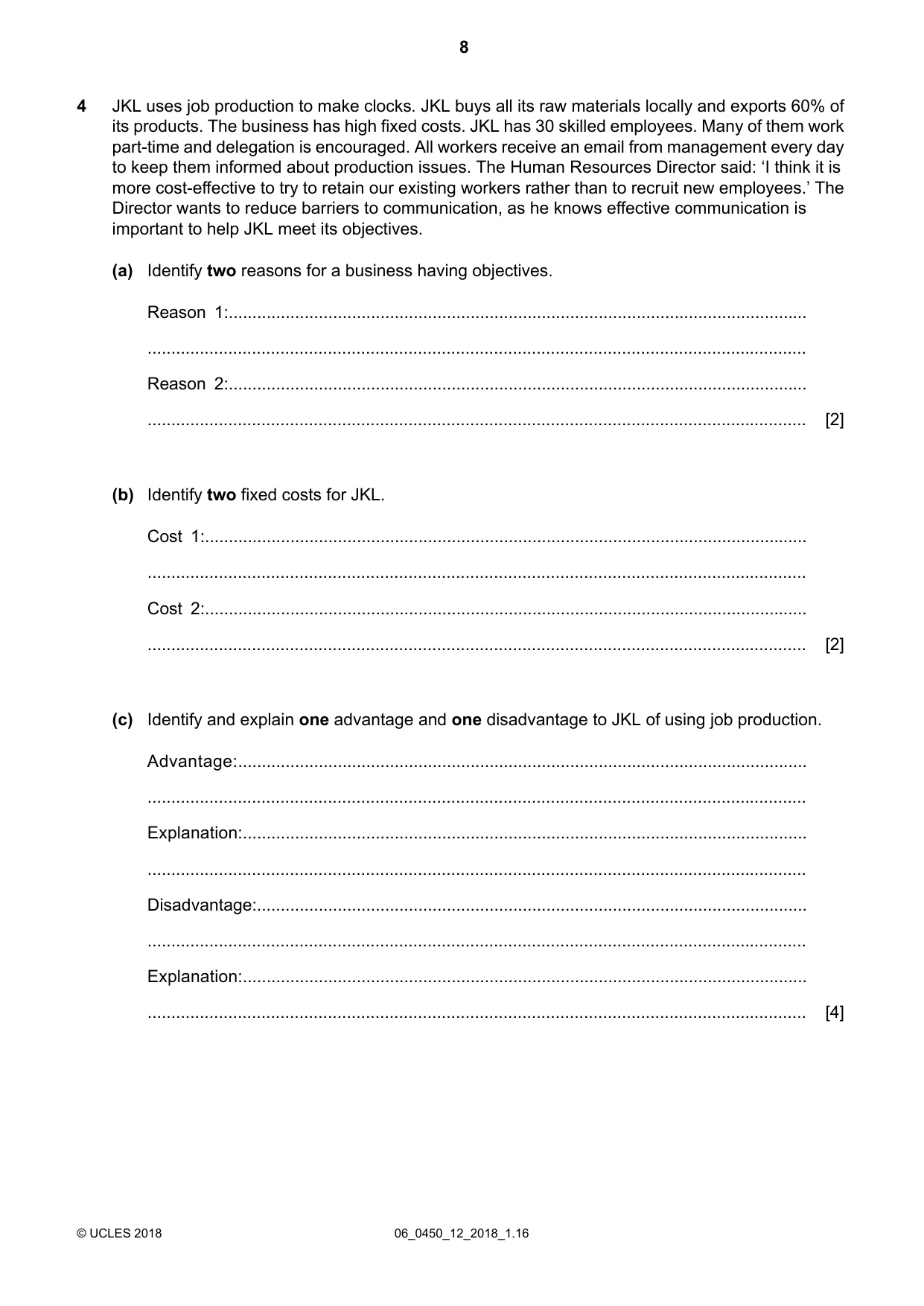 Cambridge IGCSE Business Studies 0450 2018 May/June Paper 1 · Variant 2 question paper, page 8 of 12