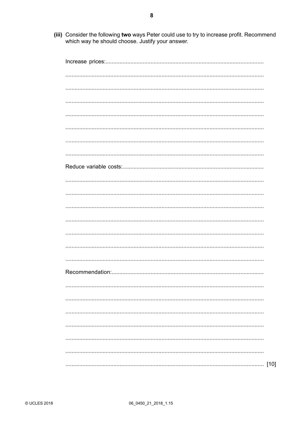 Cambridge IGCSE Business Studies 0450 2018 May/June Paper 2 · Variant 1 question paper, page 8 of 12