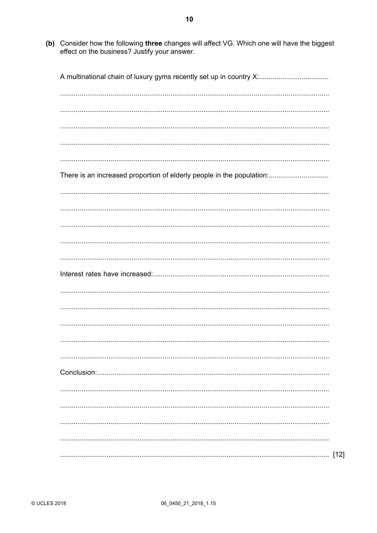 Cambridge IGCSE Business Studies 0450 2018 May/June Paper 2 · Variant 1 question paper, page 10 of 12