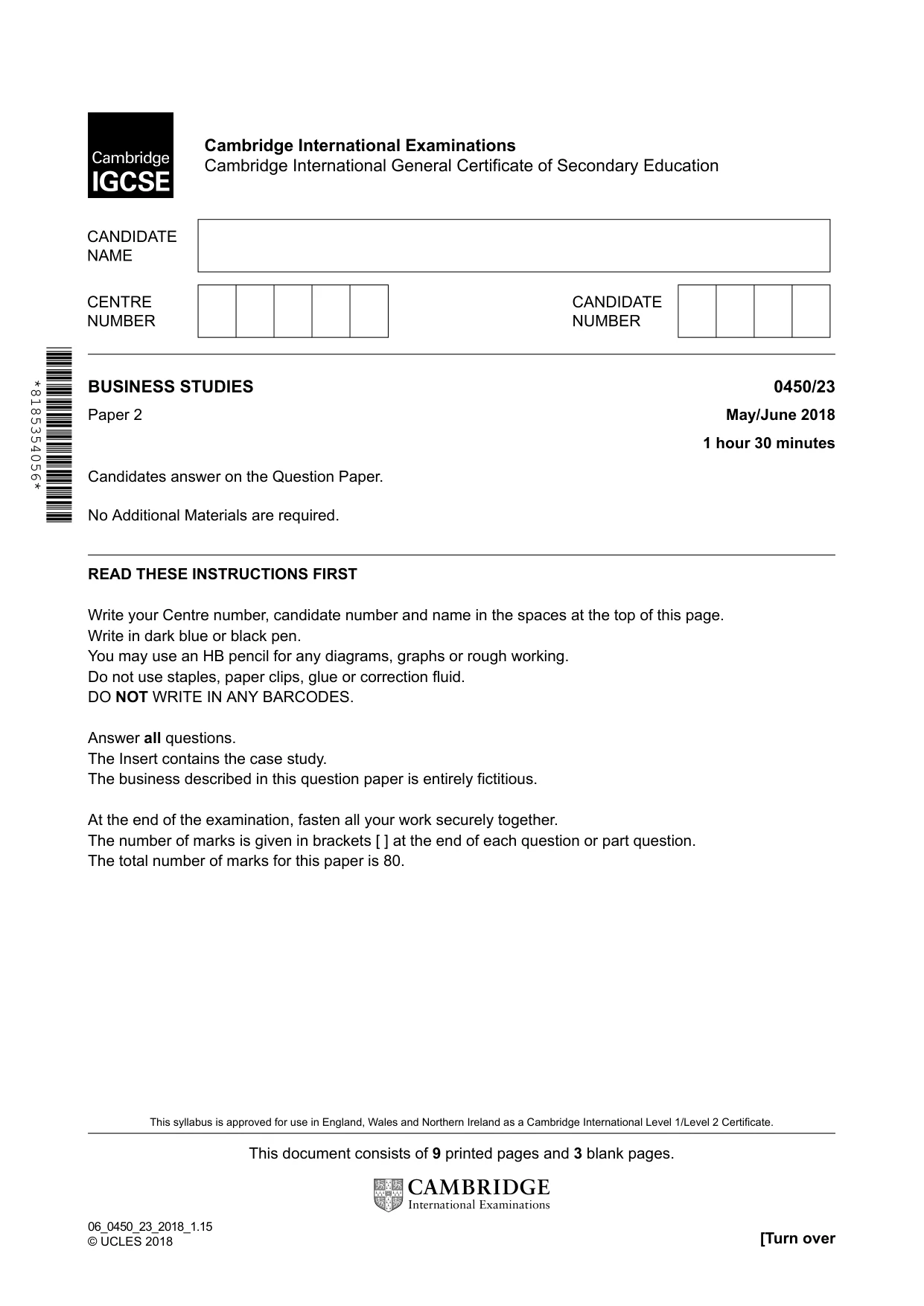 Cambridge IGCSE Business Studies 0450 2018 May/June Paper 2 · Variant 3 question paper, page 1 of 12