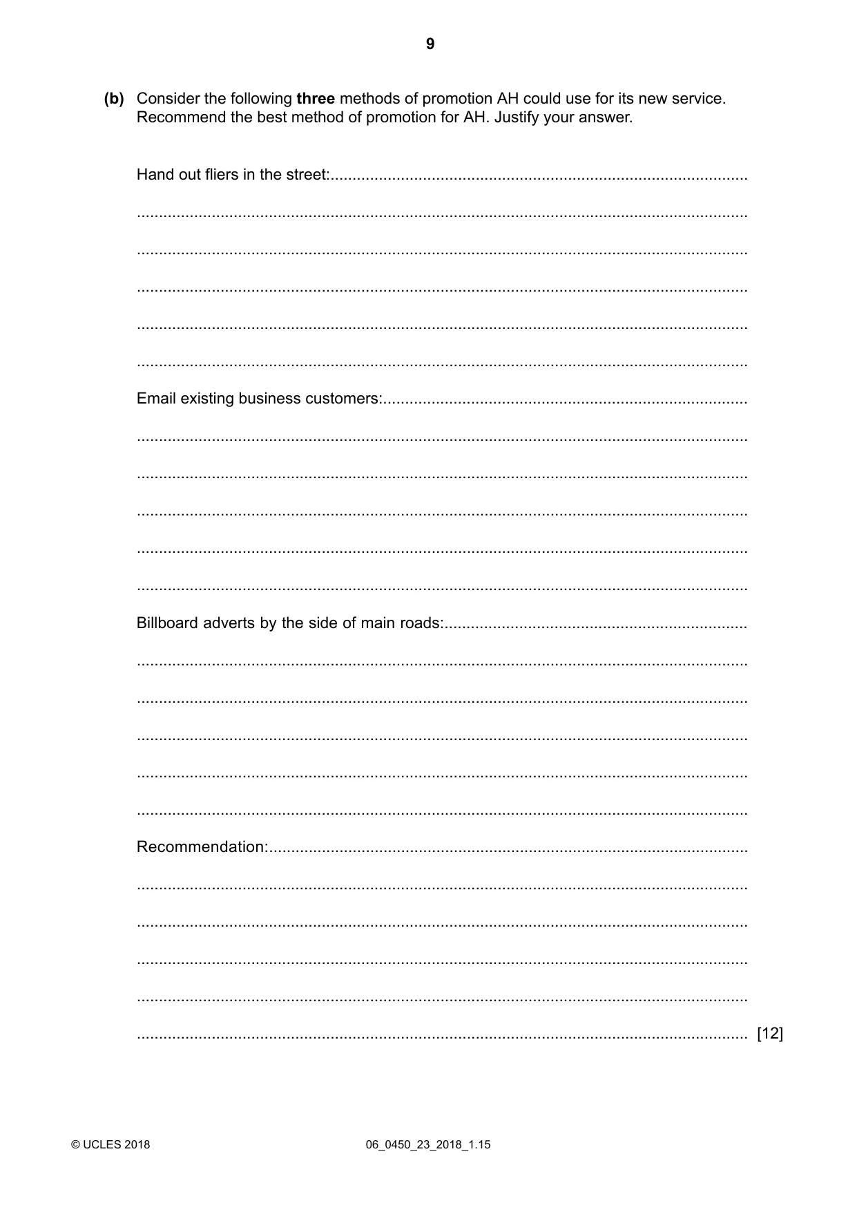 Cambridge IGCSE Business Studies 0450 2018 May/June Paper 2 · Variant 3 question paper, page 9 of 12