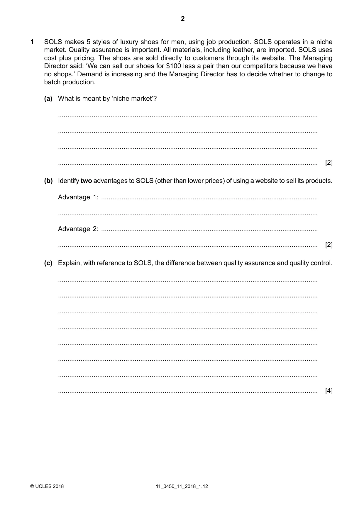 Cambridge IGCSE Business Studies 0450 2018 Oct/Nov Paper 1 · Variant 1 question paper, page 2 of 12