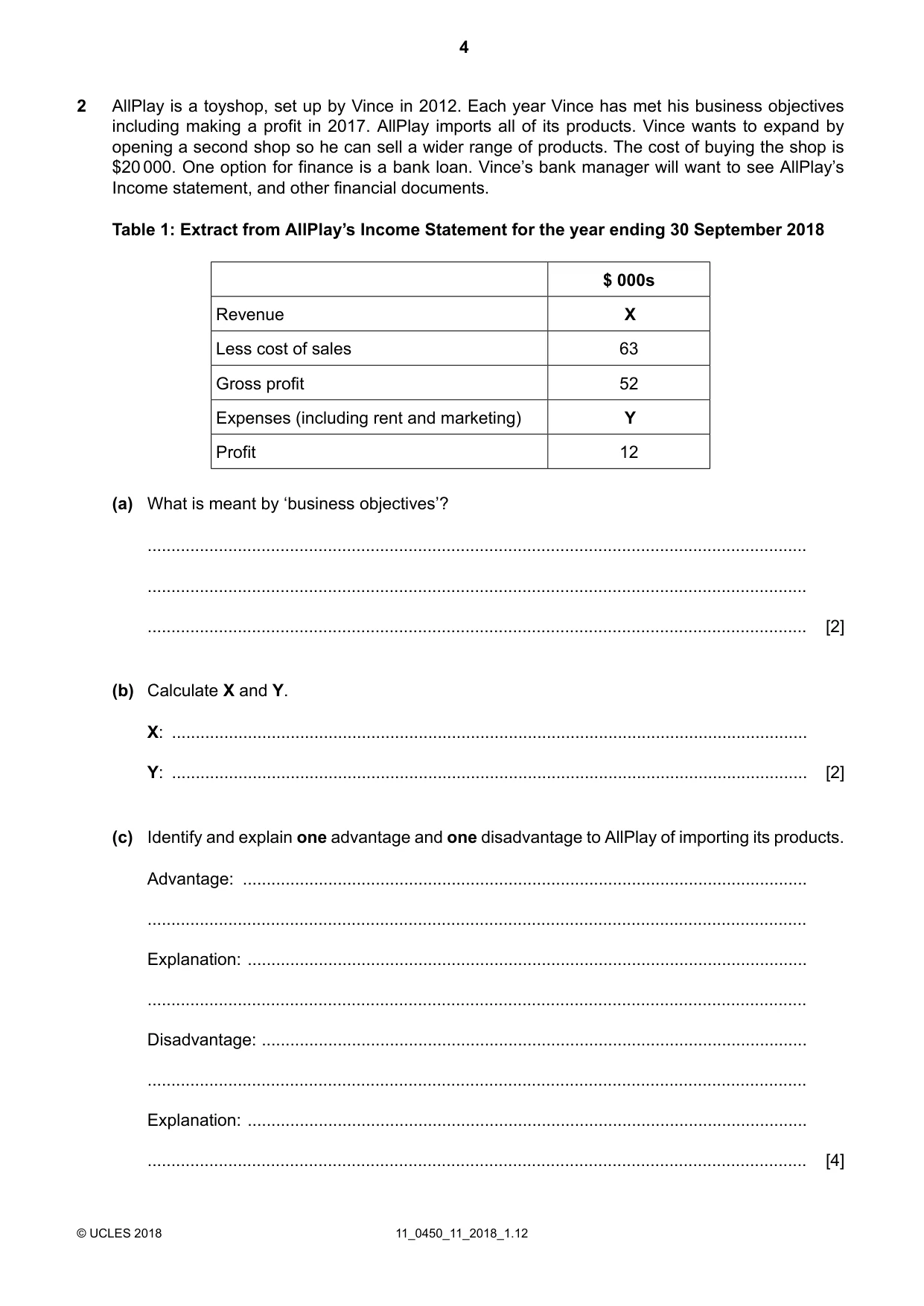 Cambridge IGCSE Business Studies 0450 2018 Oct/Nov Paper 1 · Variant 1 question paper, page 4 of 12