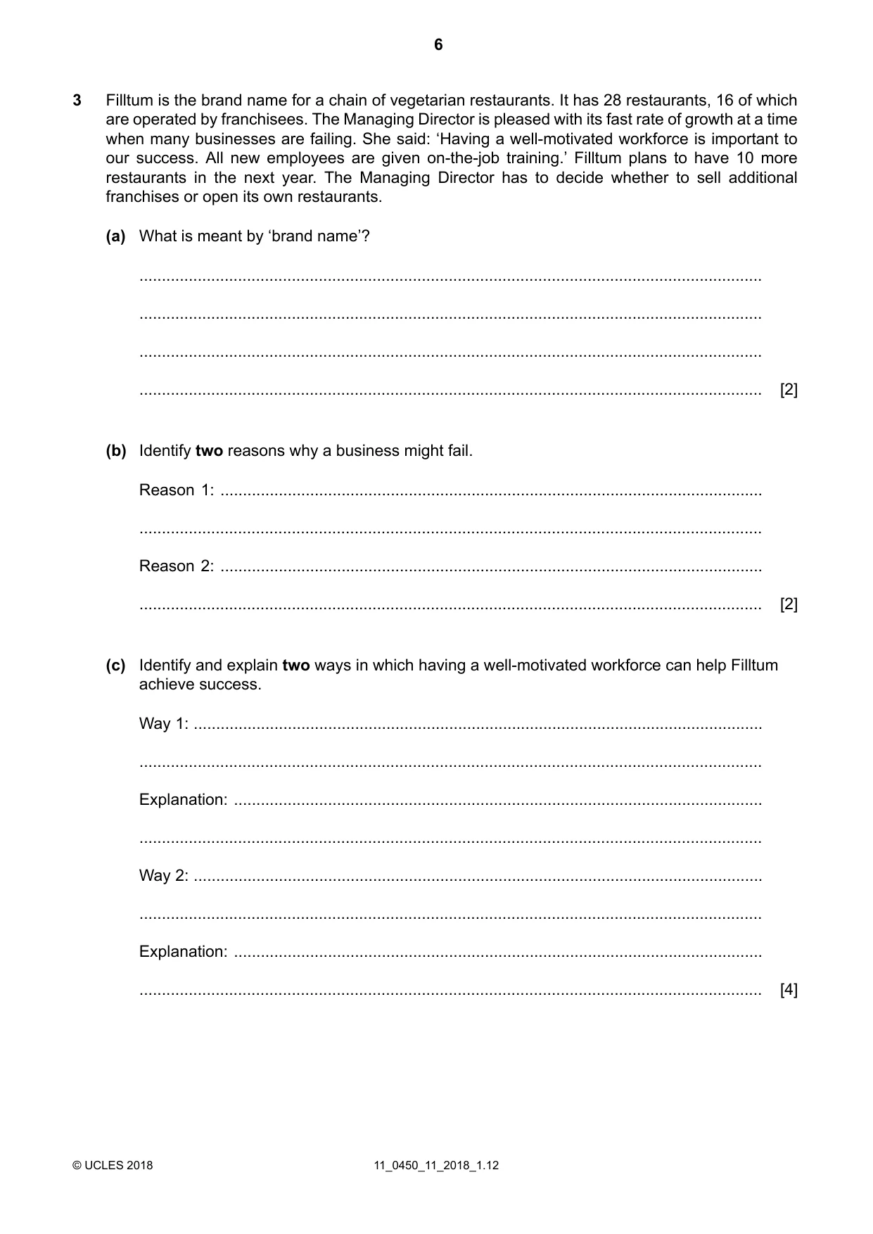 Cambridge IGCSE Business Studies 0450 2018 Oct/Nov Paper 1 · Variant 1 question paper, page 6 of 12
